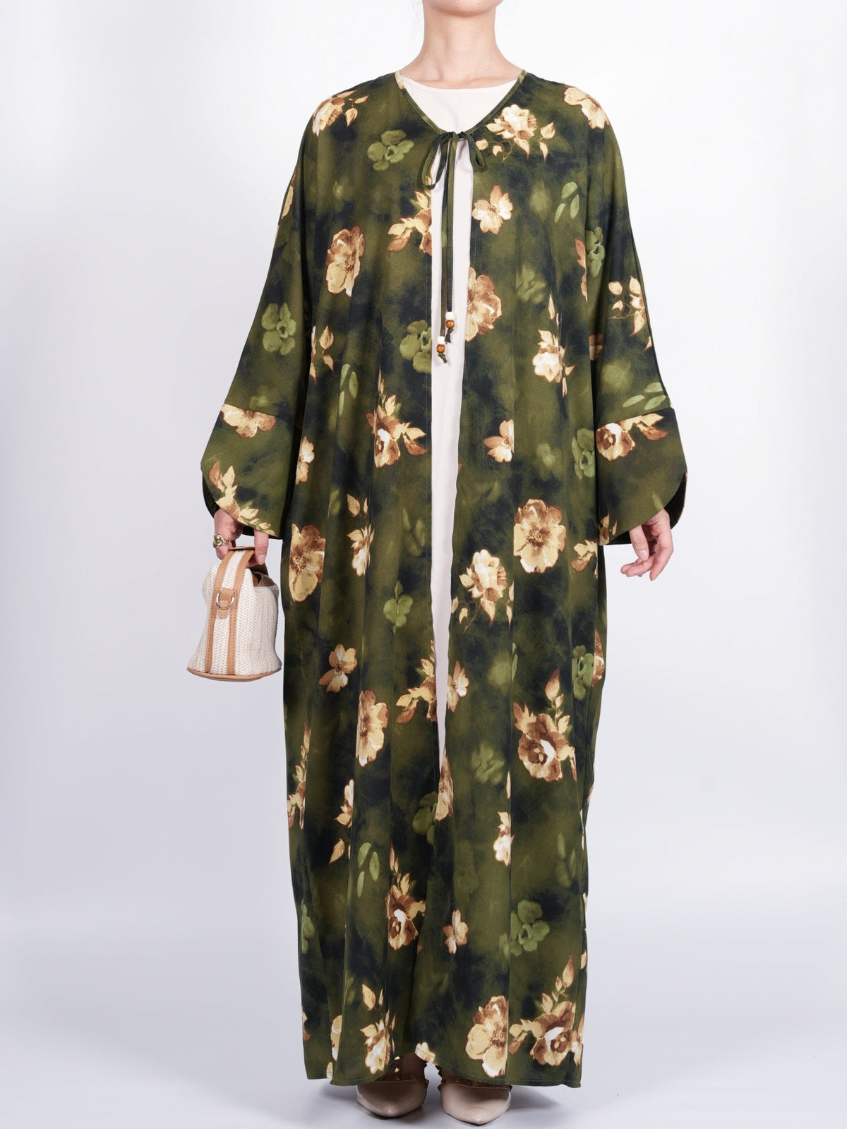 FUMIDAR Layla floral open kimono abaya in Olive Green