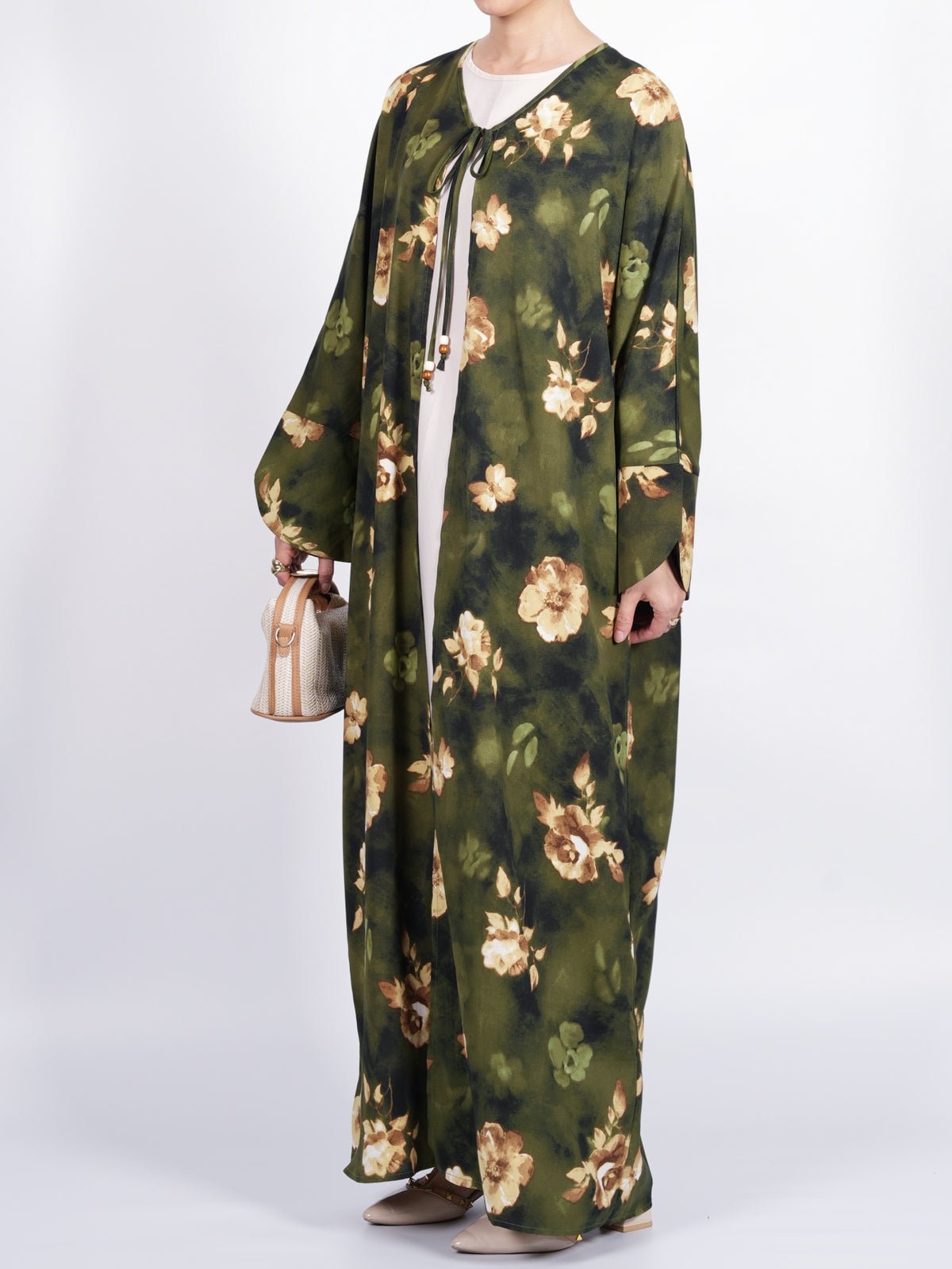 FUMIDAR Layla Floral Open Kimono Abaya in Olive Green — view 8