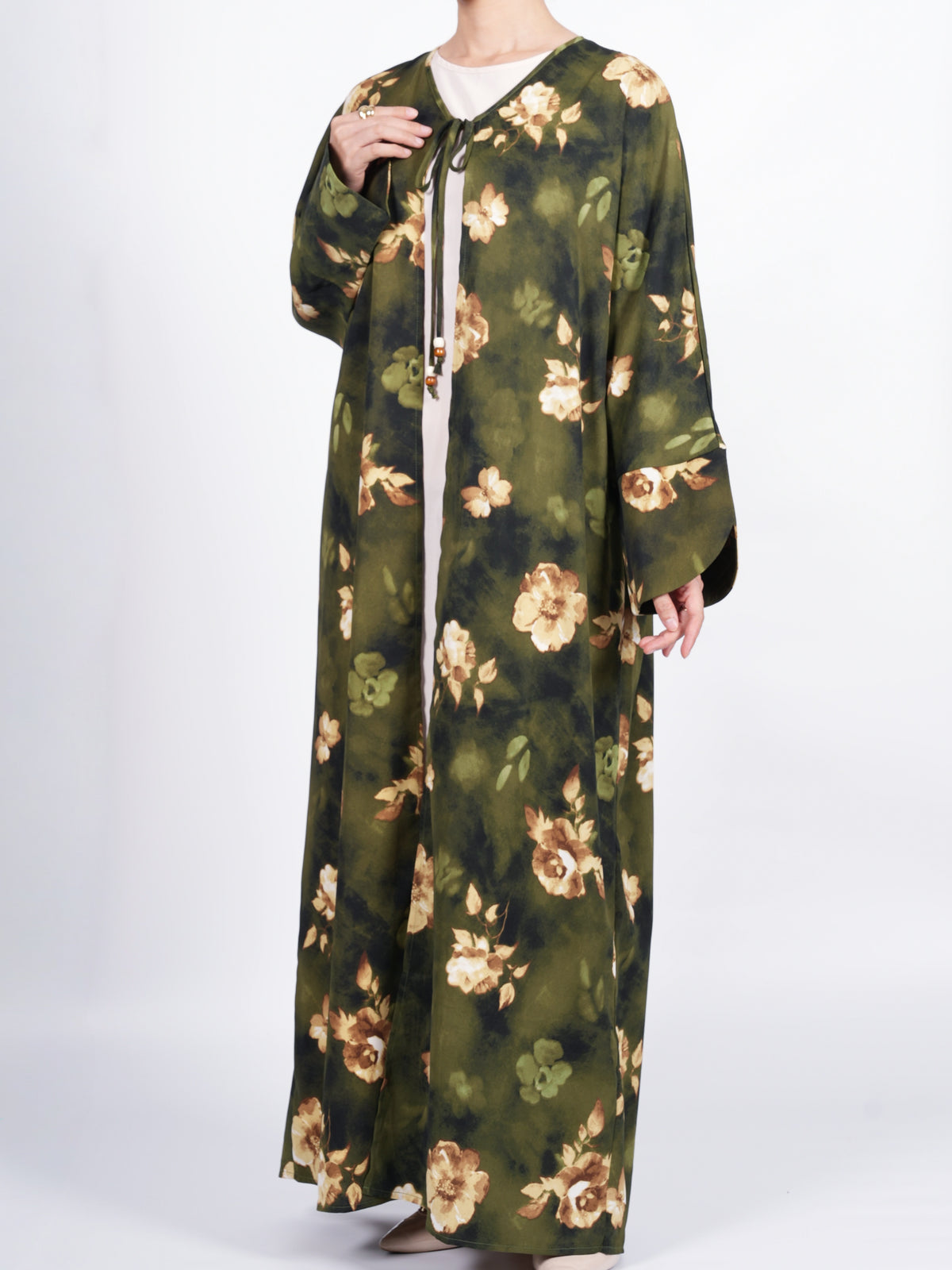 FUMIDAR Layla Floral Open Kimono Abaya in Olive Green — view 9