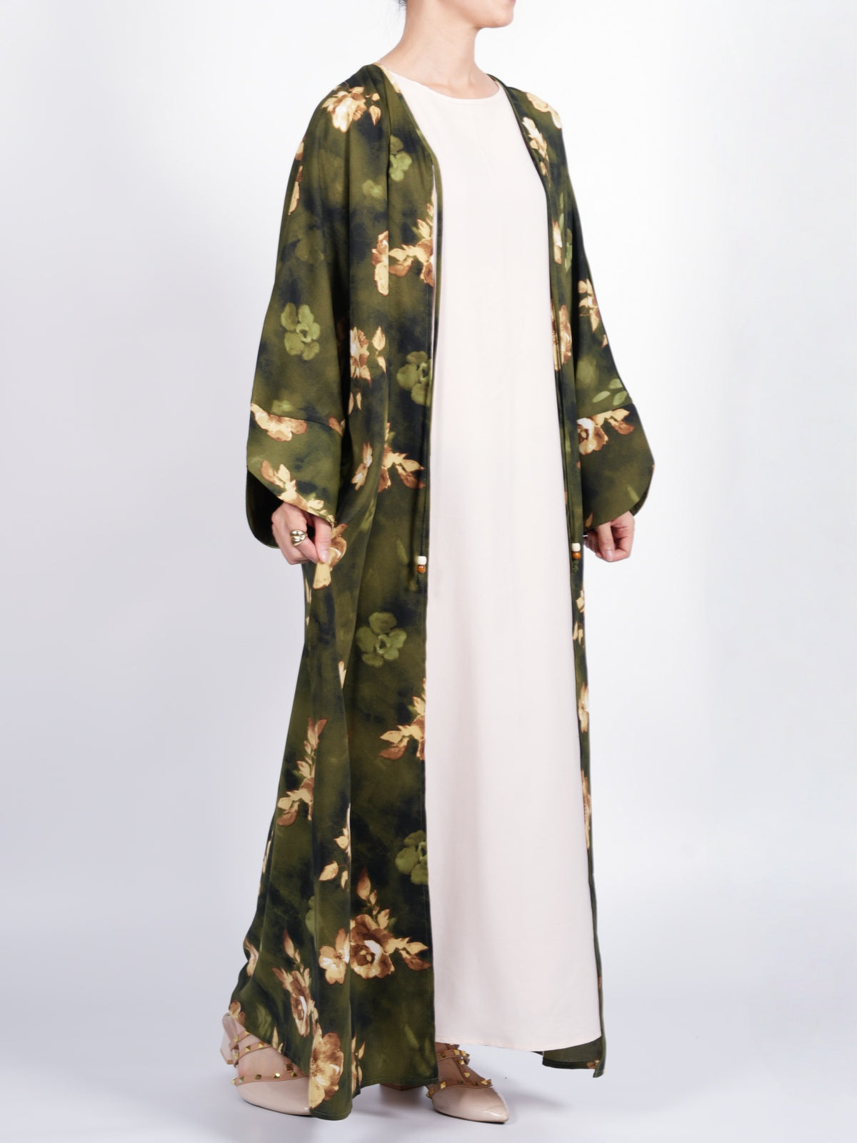 FUMIDAR Layla Floral Open Kimono Abaya in Olive Green — view 11