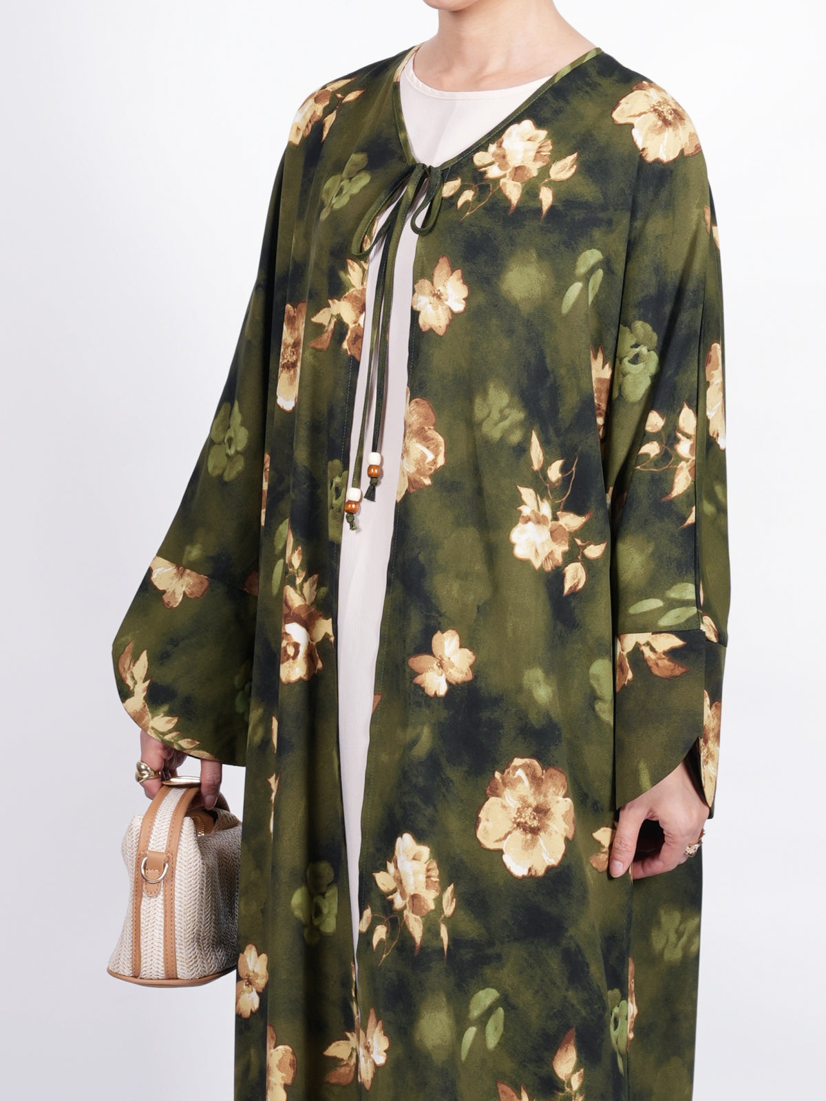 FUMIDAR Layla Floral Open Kimono Abaya in Olive Green — view 12