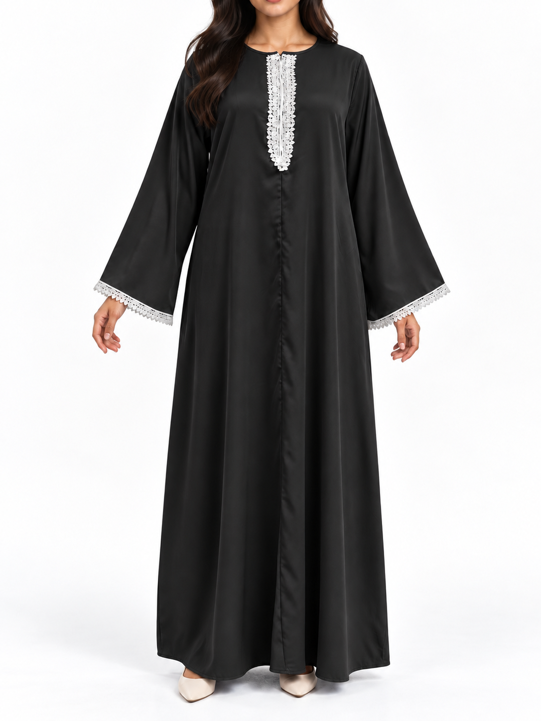 FUMIDAR Amira Contrast-Trim Abaya in Black — view 1