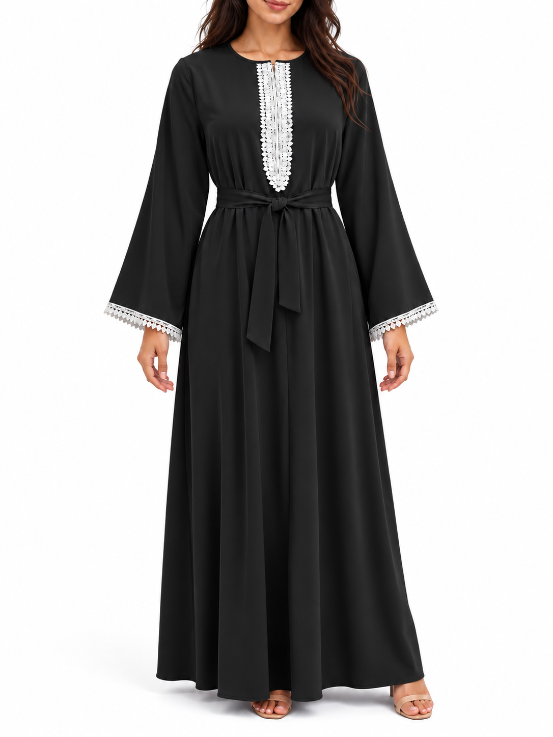 FUMIDAR Amira Contrast-Trim Abaya in Black — view 2