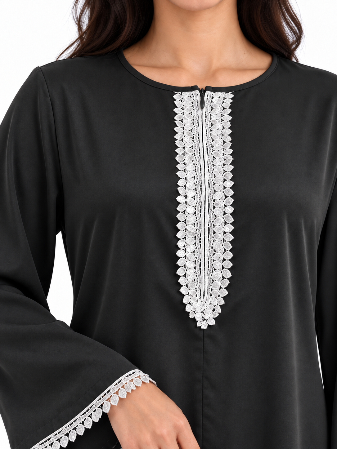 FUMIDAR Amira Contrast-Trim Abaya in Black — view 6
