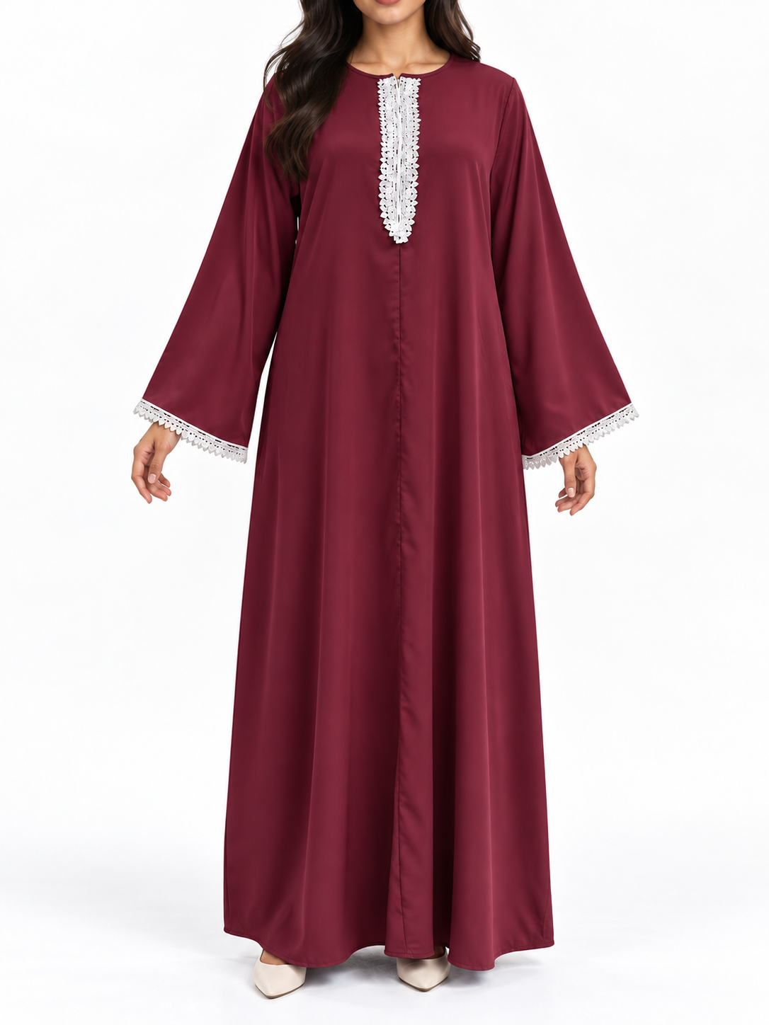 FUMIDAR Amira Contrast-Trim Abaya in Burgundy — view 1