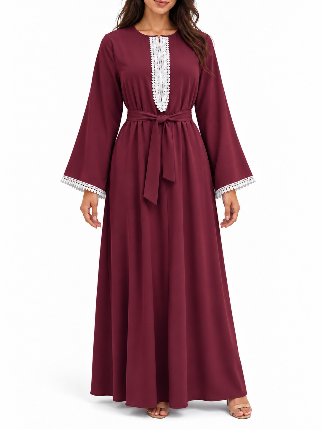 FUMIDAR Amira Contrast-Trim Abaya in Burgundy — view 2