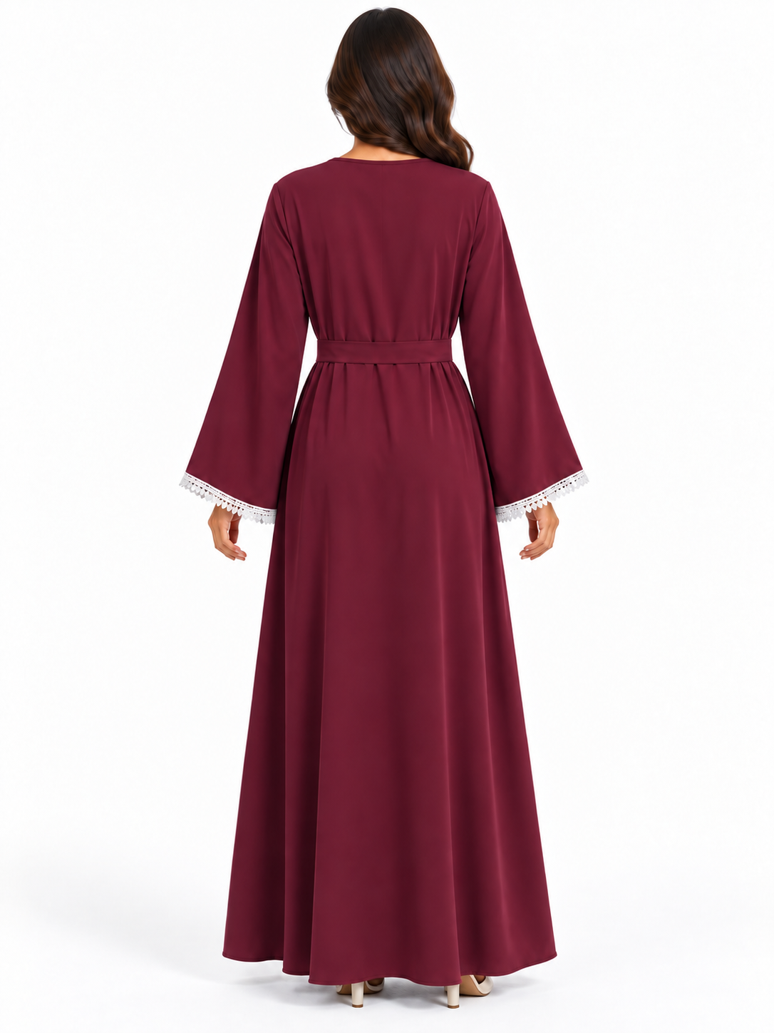 FUMIDAR Amira Contrast-Trim Abaya in Burgundy — view 3