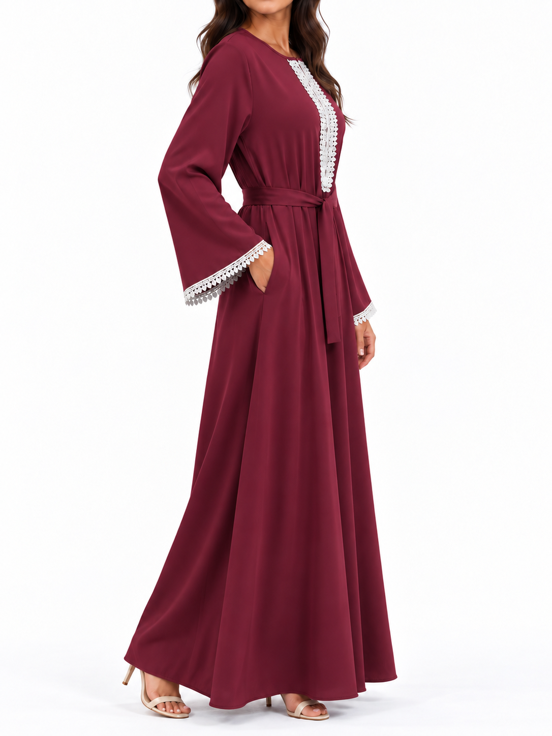 FUMIDAR Amira Contrast-Trim Abaya in Burgundy — view 4