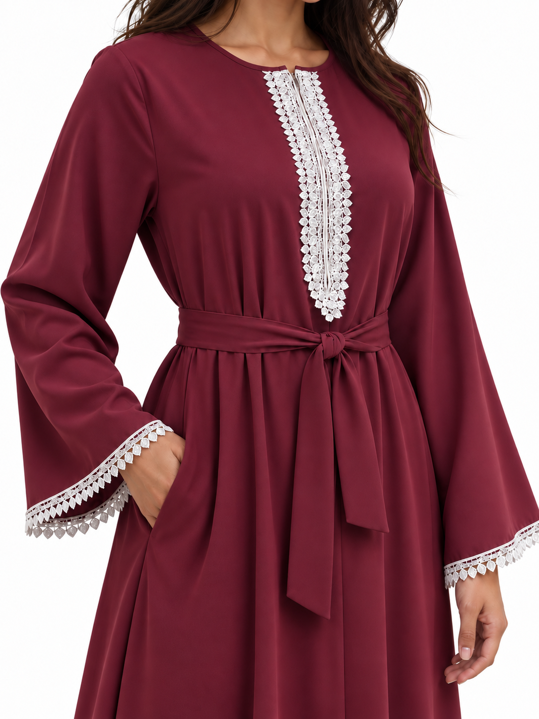 FUMIDAR Amira Contrast-Trim Abaya in Burgundy — view 5