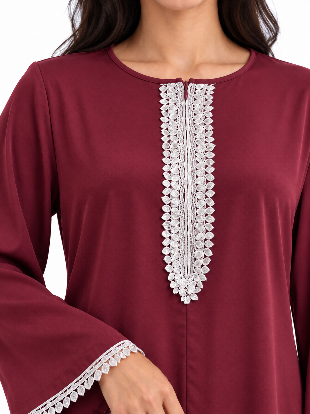 FUMIDAR Amira Contrast-Trim Abaya in Burgundy — view 6