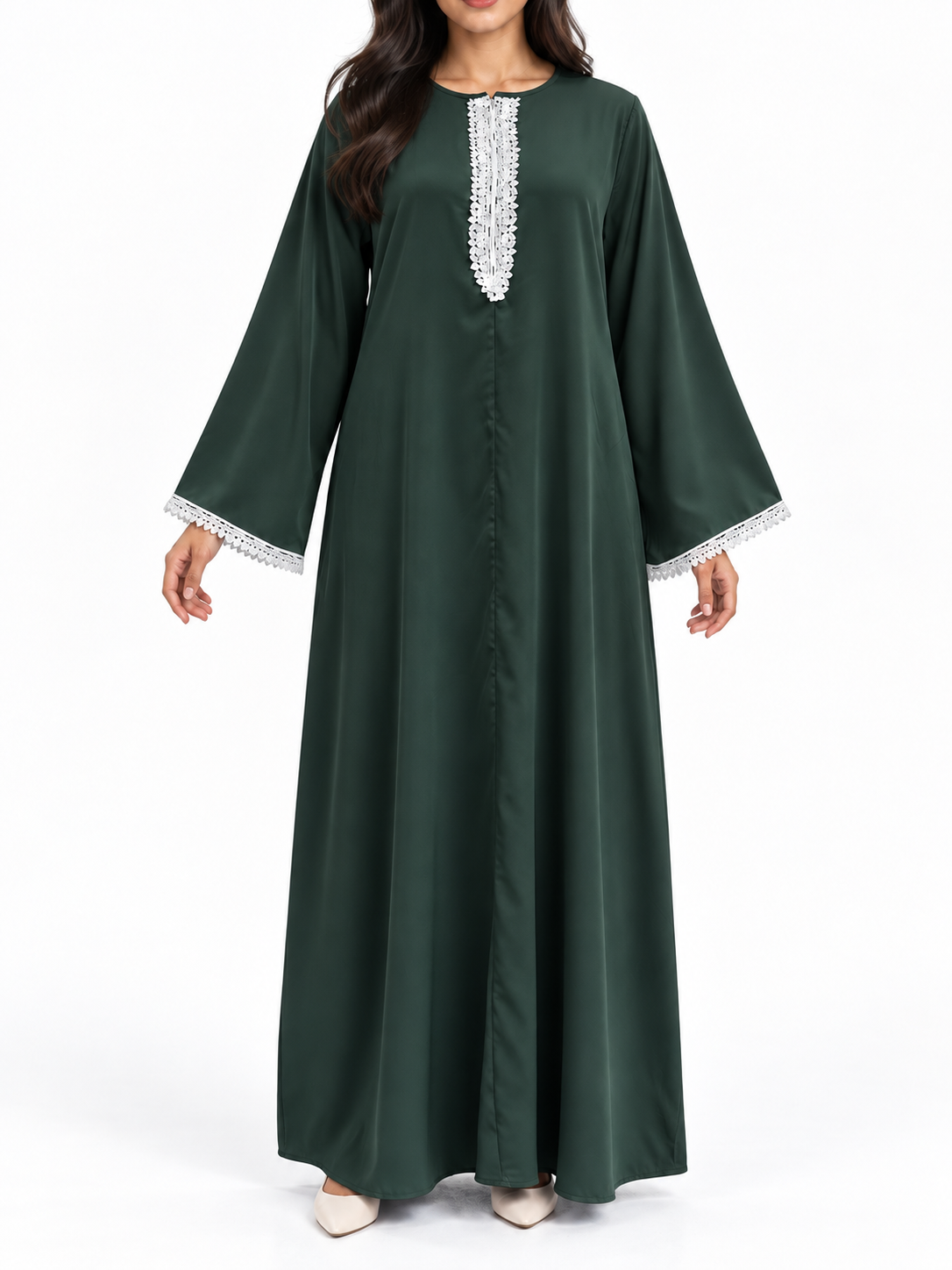 FUMIDAR Amira Contrast-Trim Abaya in Dark Green — view 1