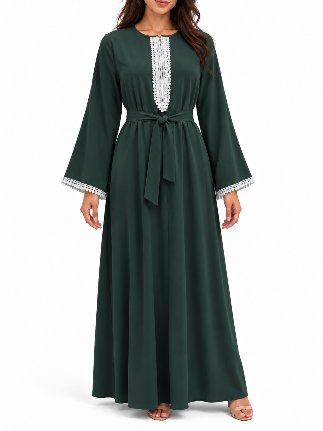 FUMIDAR Amira Contrast-Trim Abaya in Dark Green — view 2
