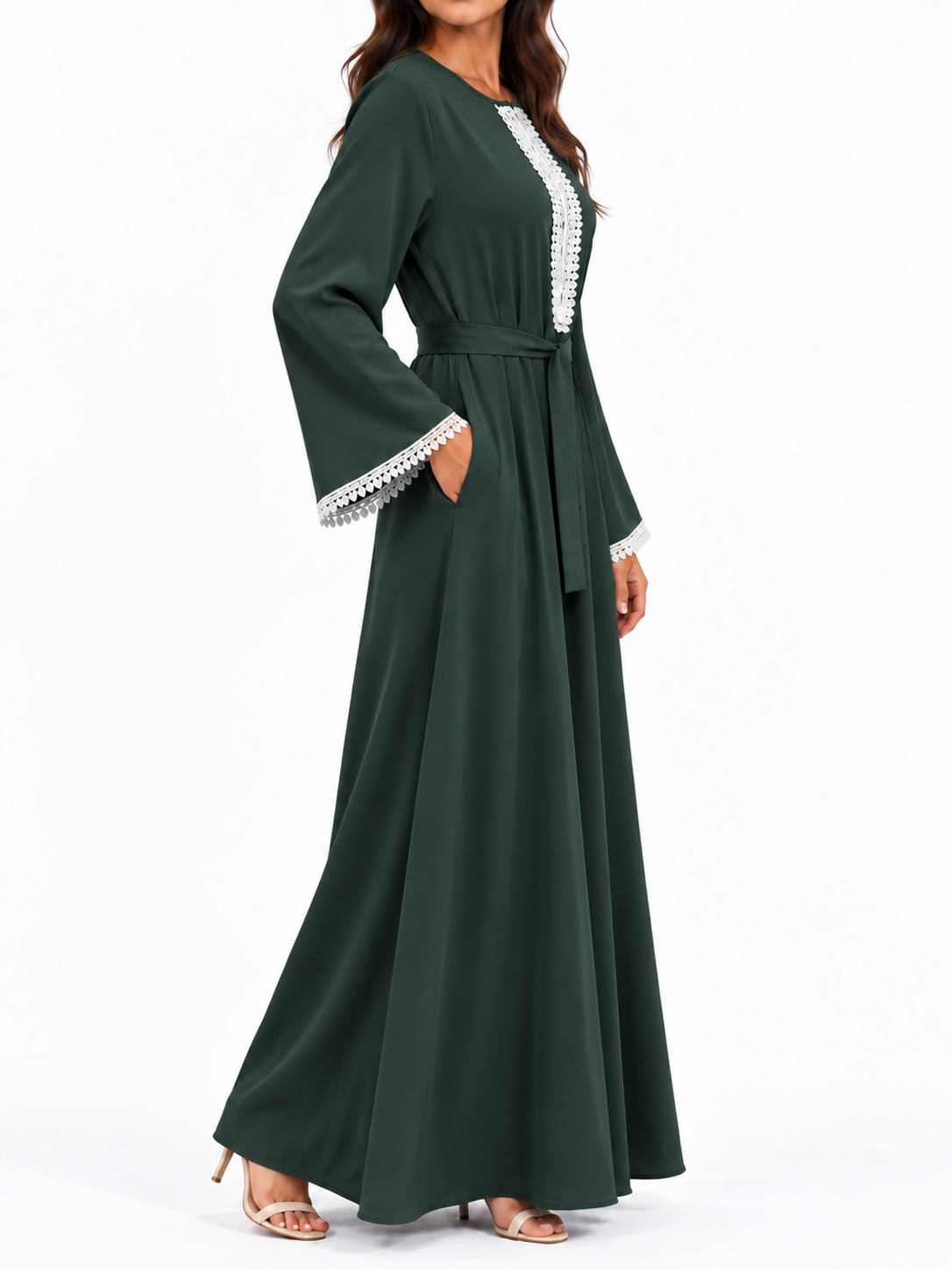FUMIDAR Amira Contrast-Trim Abaya in Dark Green — view 4