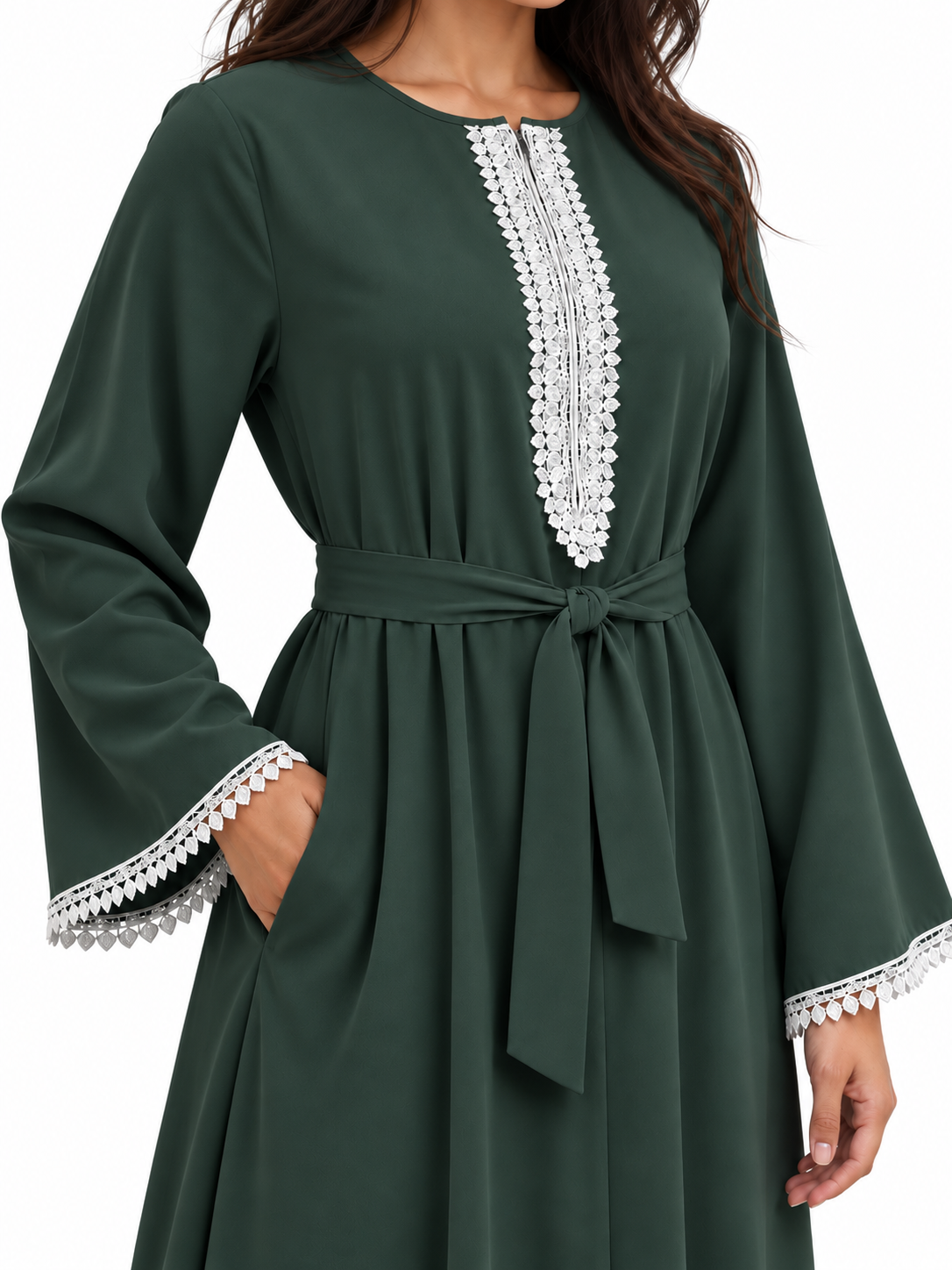 FUMIDAR Amira Contrast-Trim Abaya in Dark Green — view 5