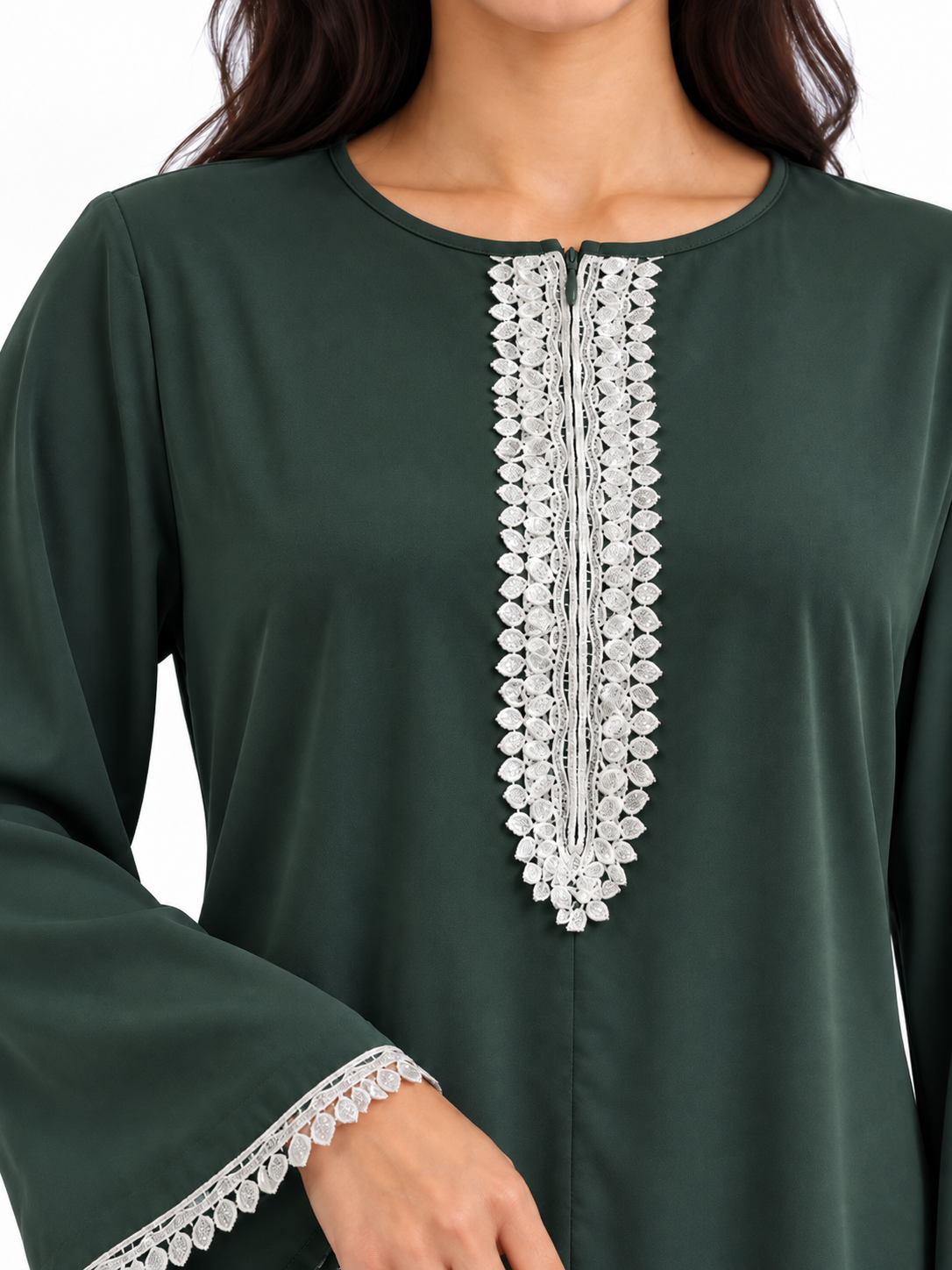 FUMIDAR Amira Contrast-Trim Abaya in Dark Green — view 6