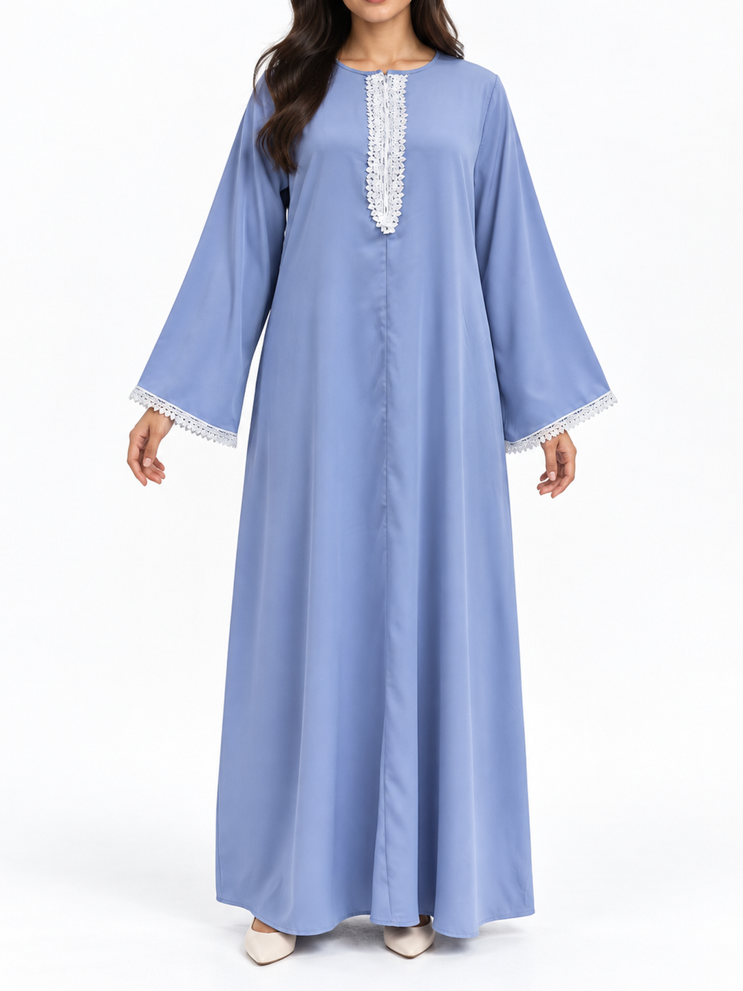 FUMIDAR Amira Contrast-Trim Abaya in Light Blue — view 1
