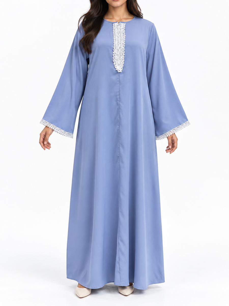 FUMIDAR Amira Contrast-Trim Abaya in Light Blue — view 1