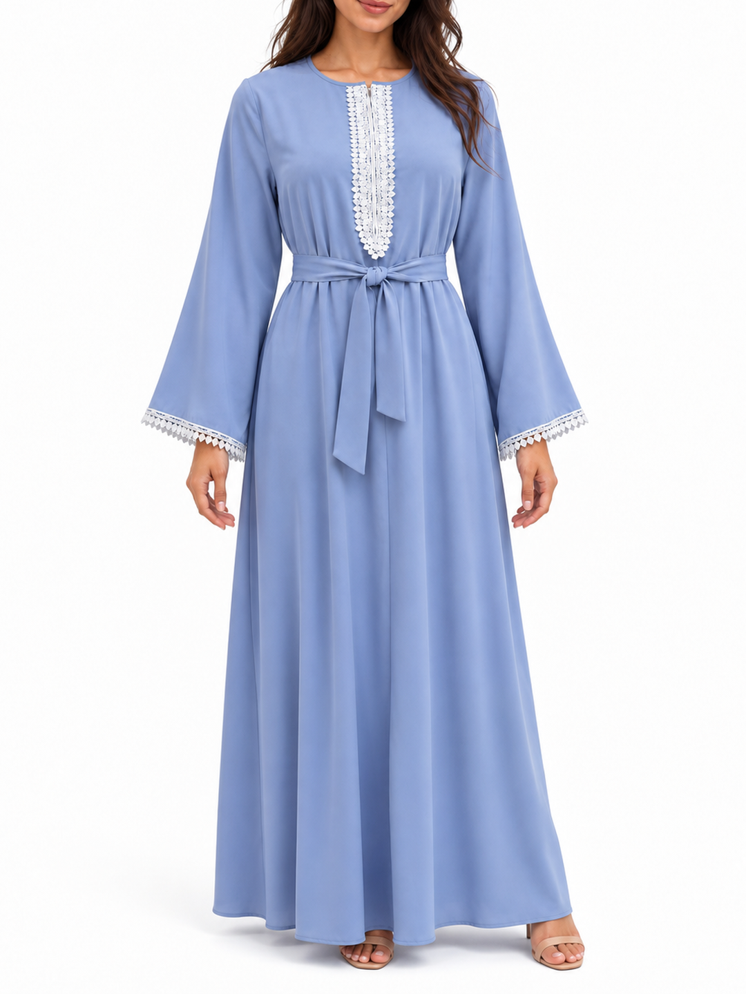 FUMIDAR Amira Contrast-Trim Abaya in Light Blue — view 2