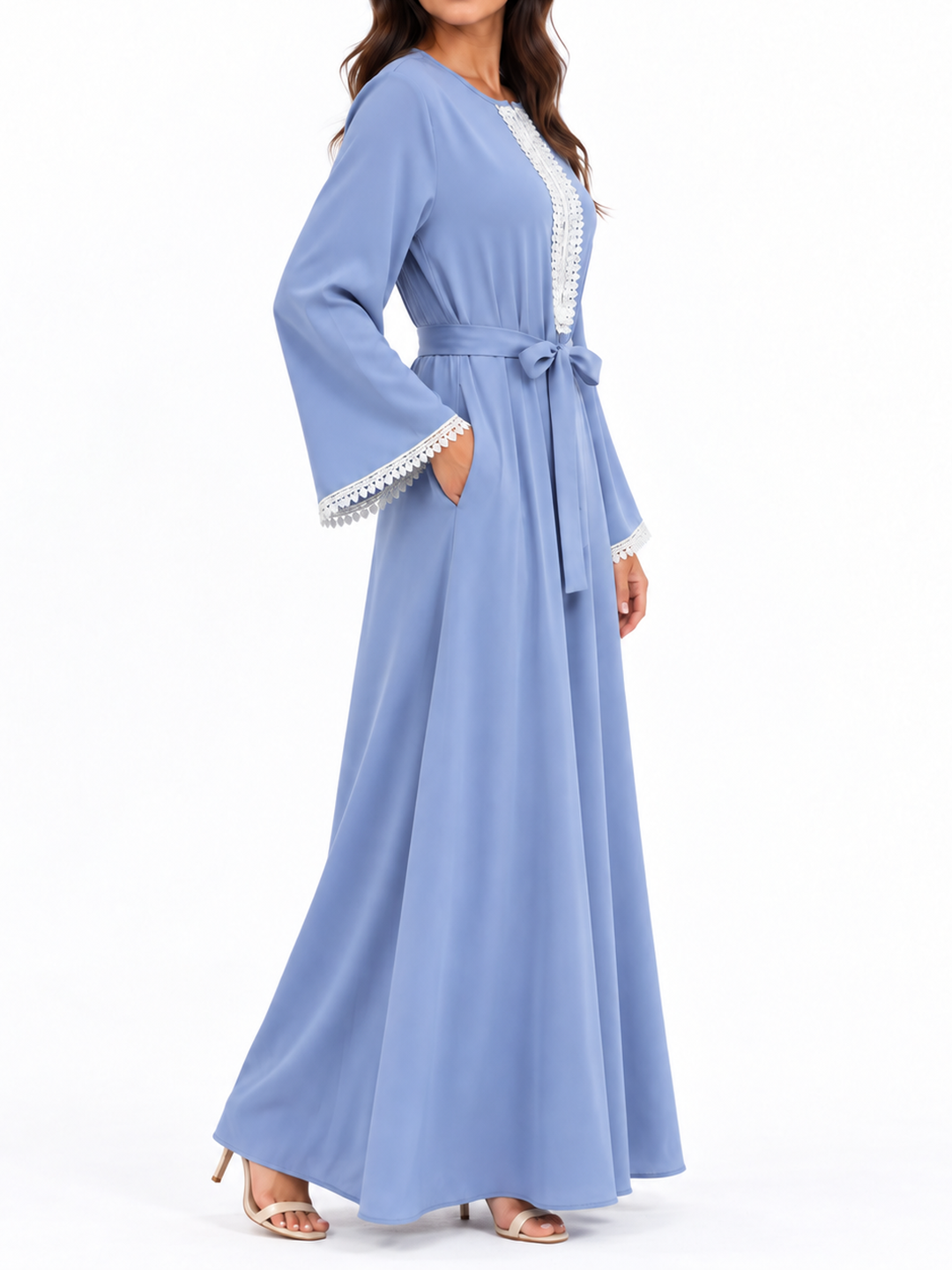 FUMIDAR Amira Contrast-Trim Abaya in Light Blue — view 4