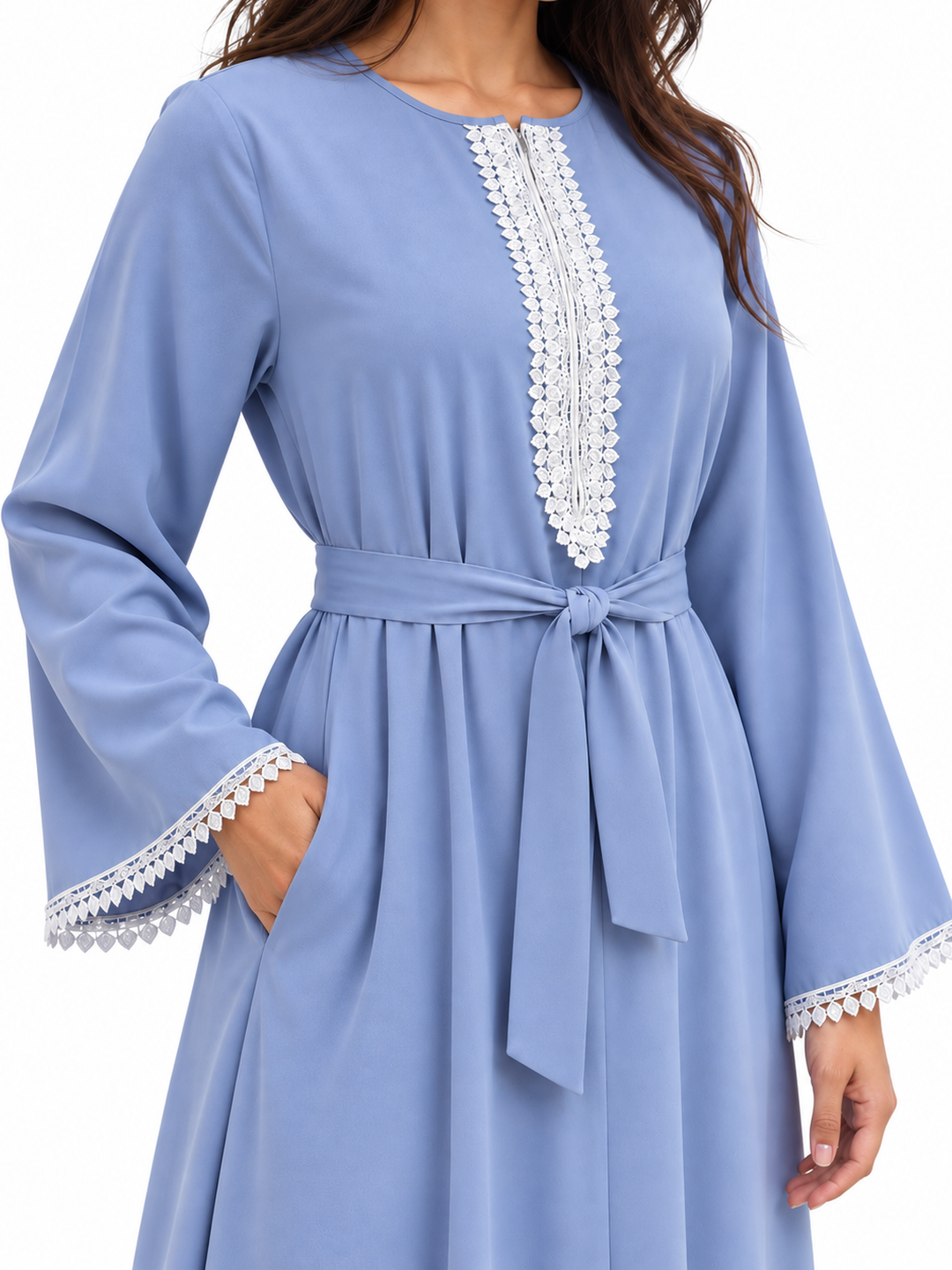 FUMIDAR Amira Contrast-Trim Abaya in Light Blue — view 5