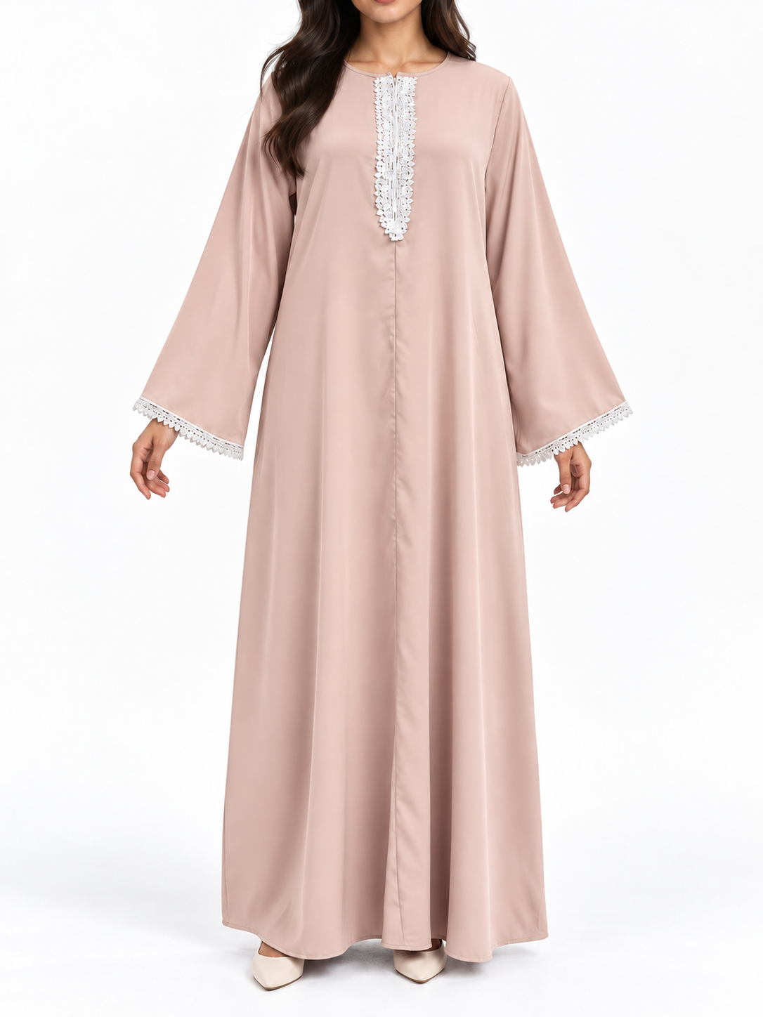 FUMIDAR Amira Contrast-Trim Abaya in Pink — view 1