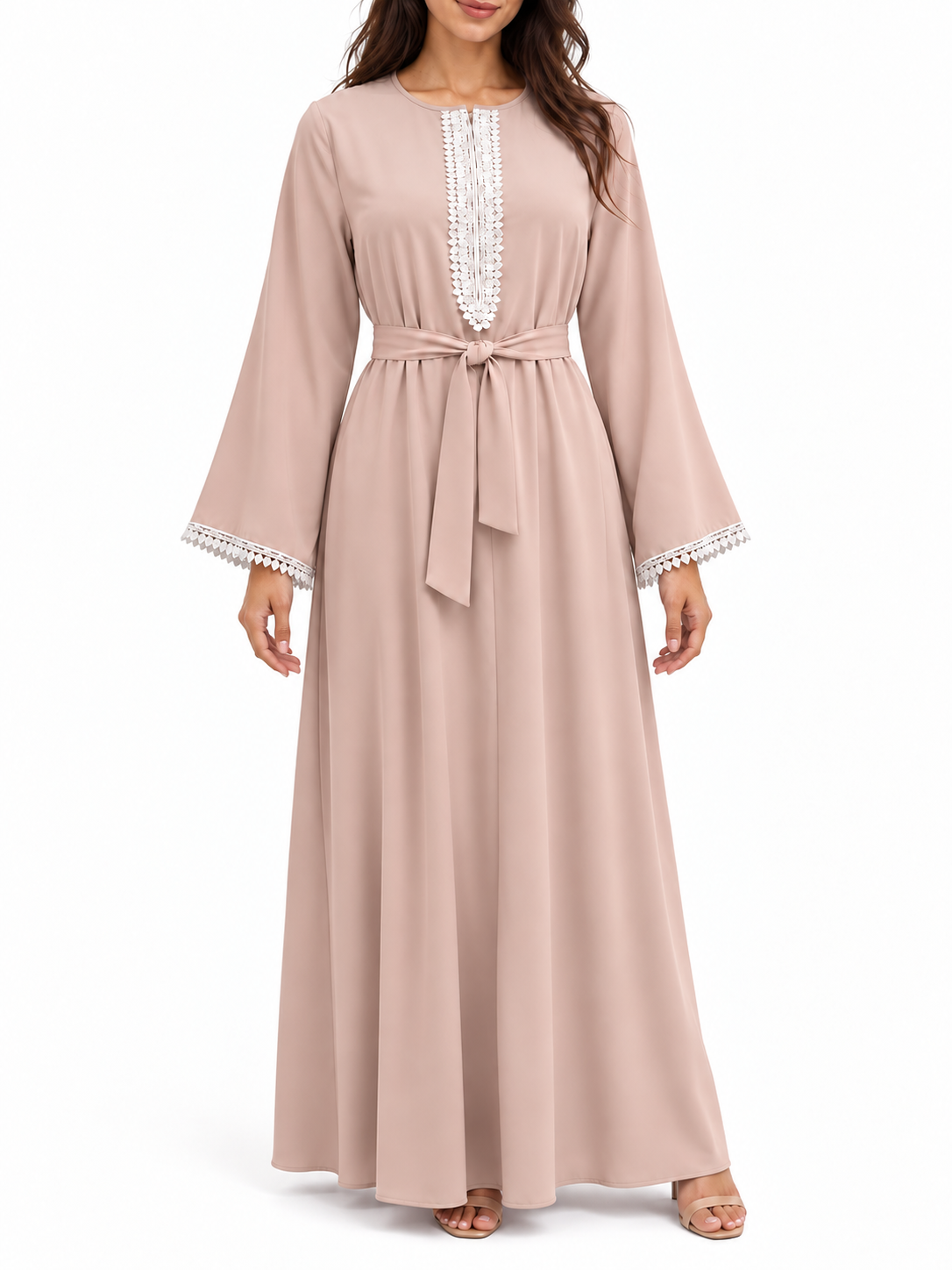 FUMIDAR Amira Contrast-Trim Abaya in Pink — view 2