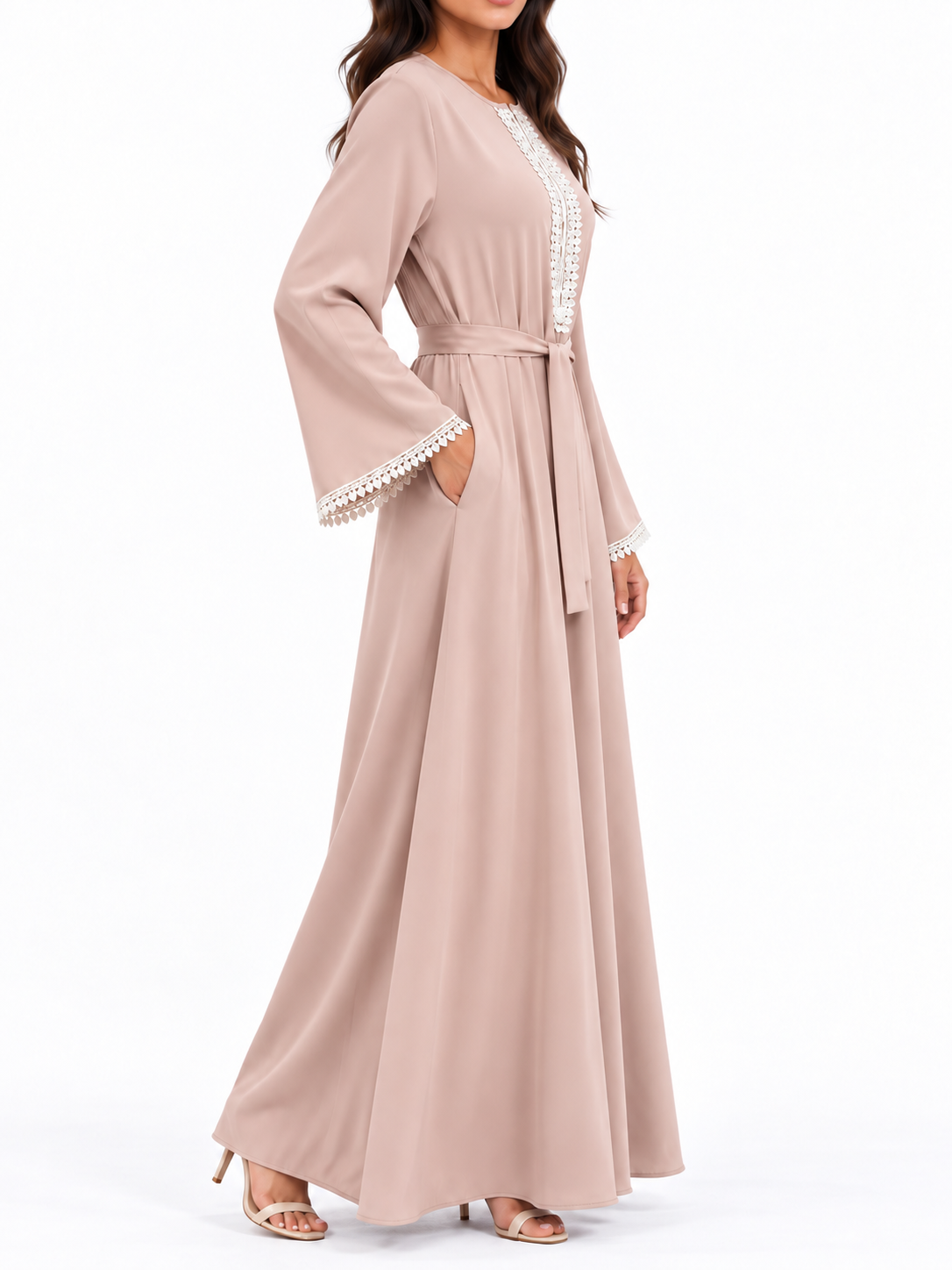 FUMIDAR Amira Contrast-Trim Abaya in Pink — view 4