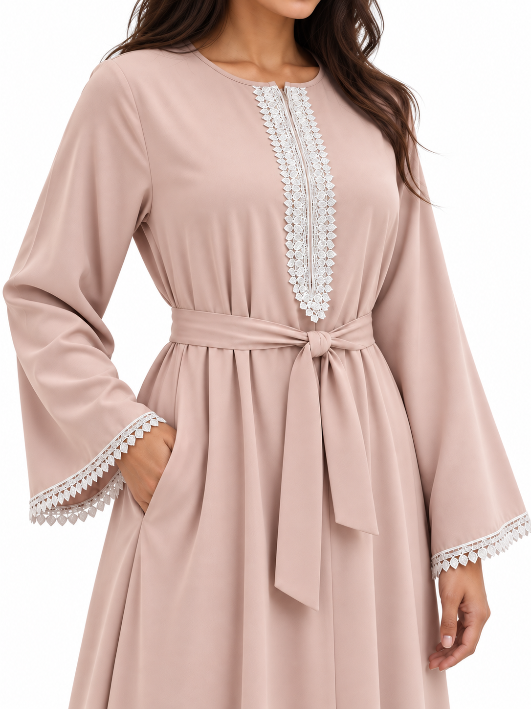 FUMIDAR Amira Contrast-Trim Abaya in Pink — view 5