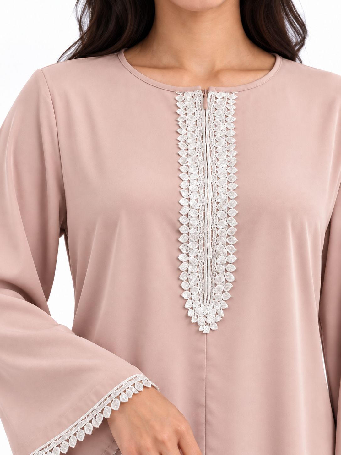 FUMIDAR Amira Contrast-Trim Abaya in Pink — view 6