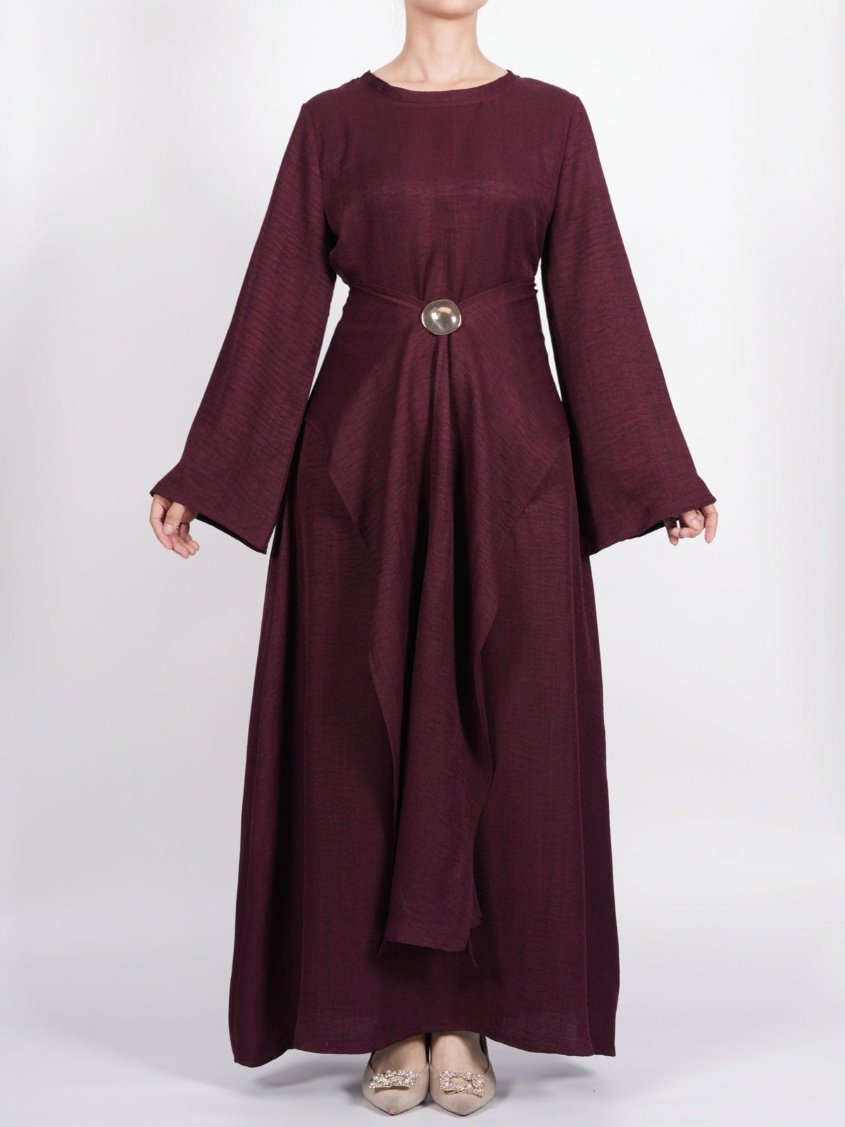 FUMIDAR Zahra draped buckle maxi dress in Burgundy