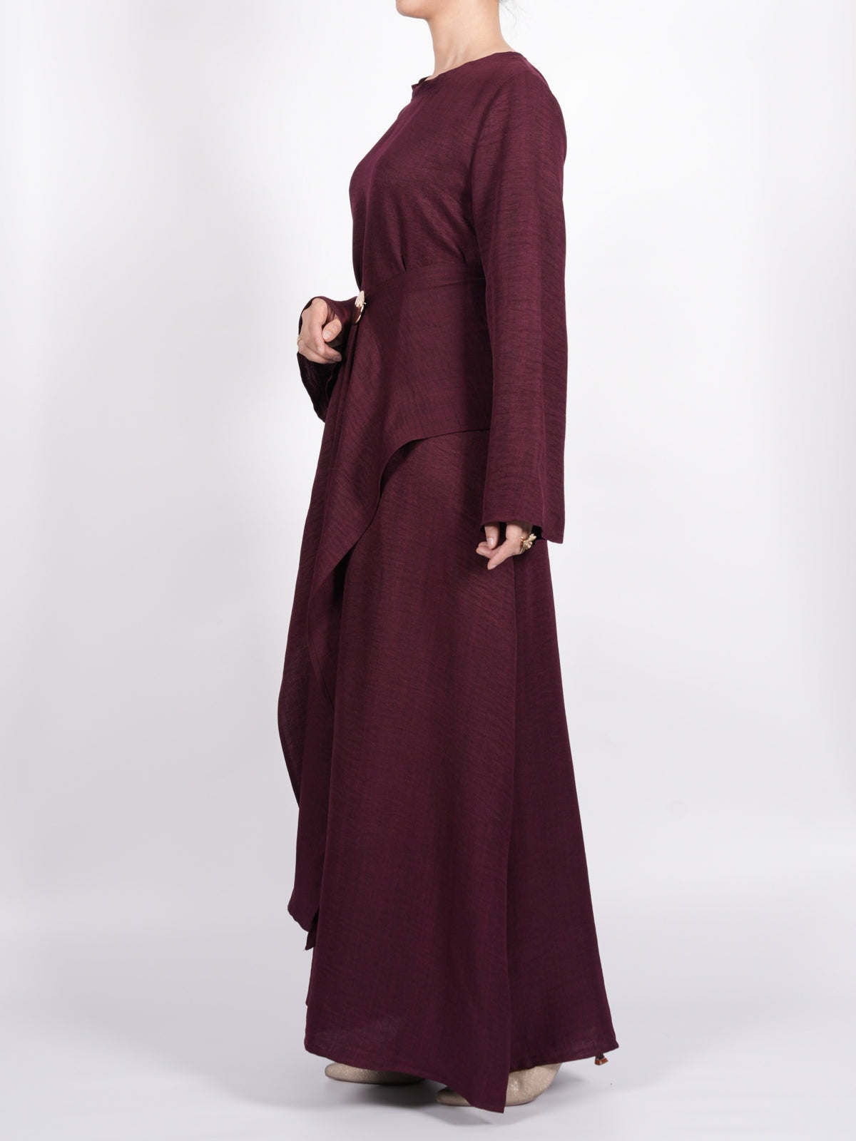 FUMIDAR Zahra Draped Buckle Maxi Dress in Burgundy — view 19