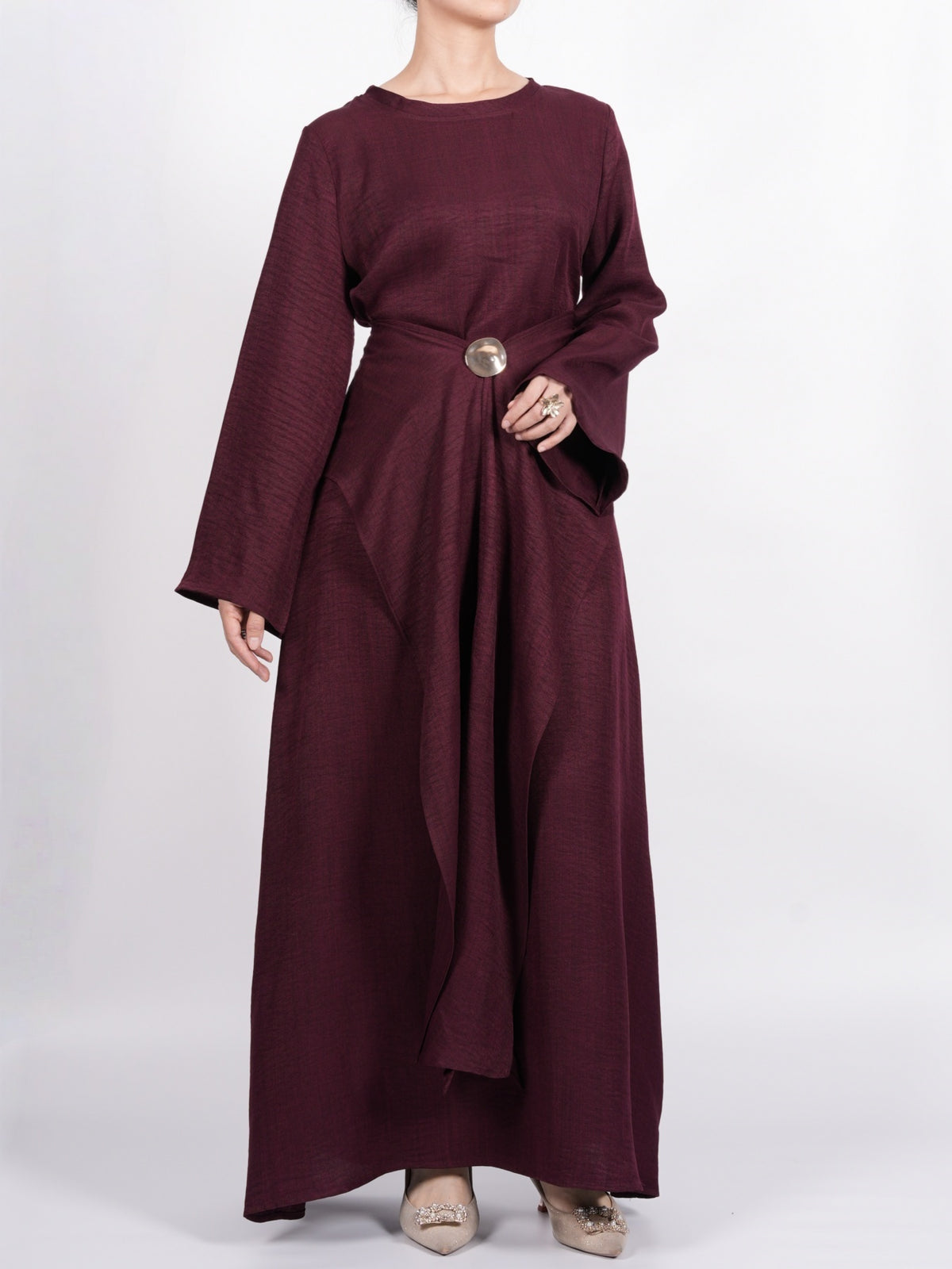 FUMIDAR Zahra Draped Buckle Maxi Dress in Burgundy — view 21