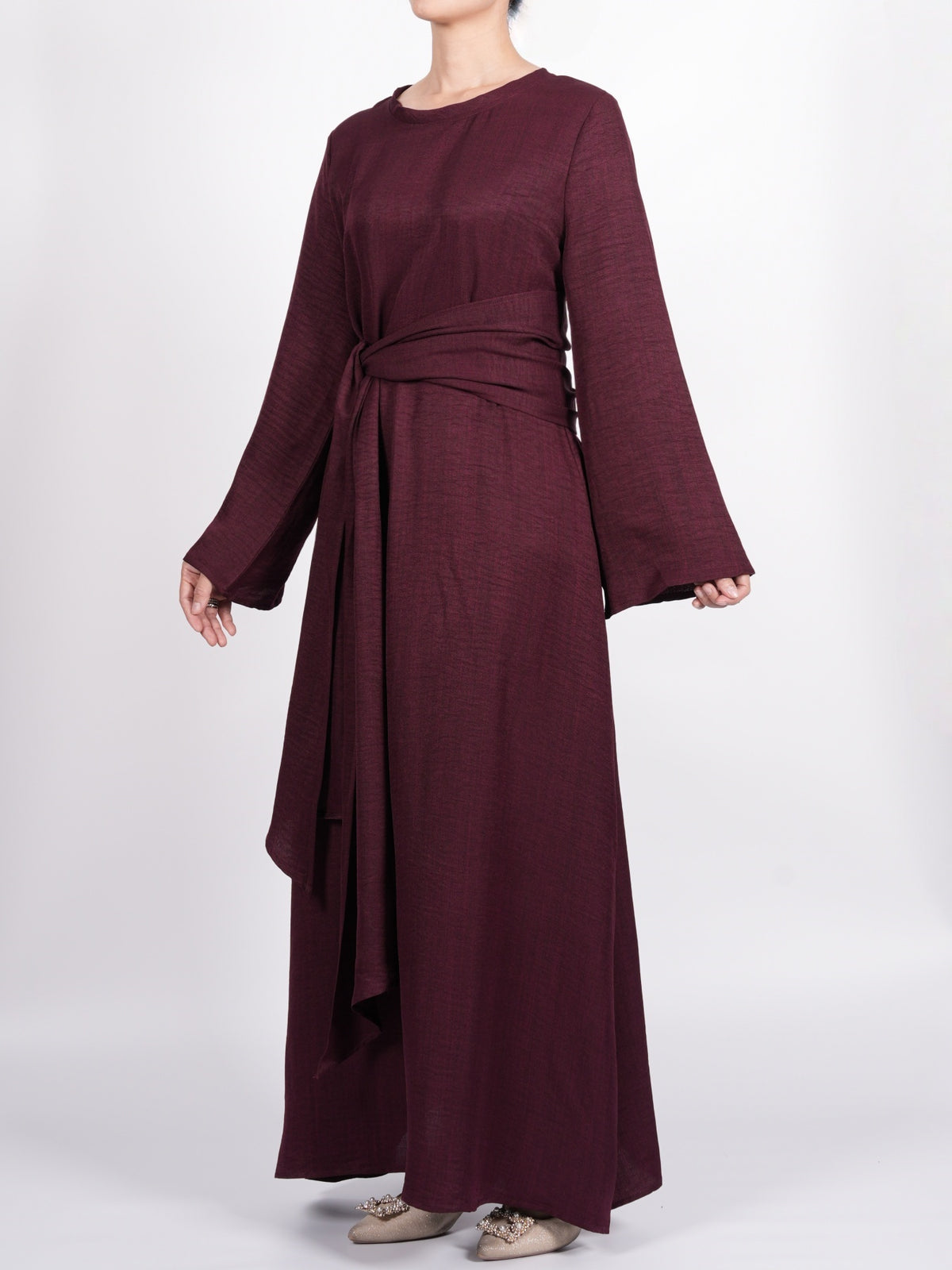 FUMIDAR Zahra Draped Buckle Maxi Dress in Burgundy — view 22