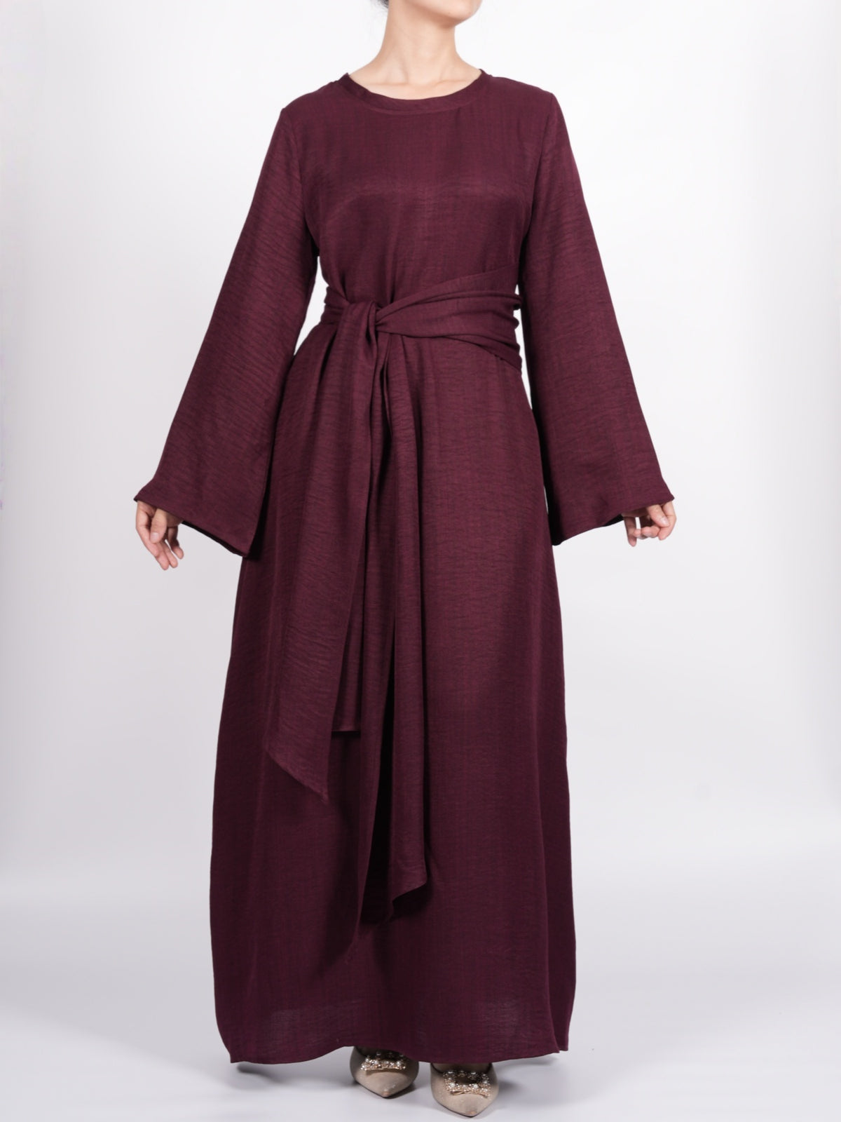 FUMIDAR Zahra Draped Buckle Maxi Dress in Burgundy — view 24