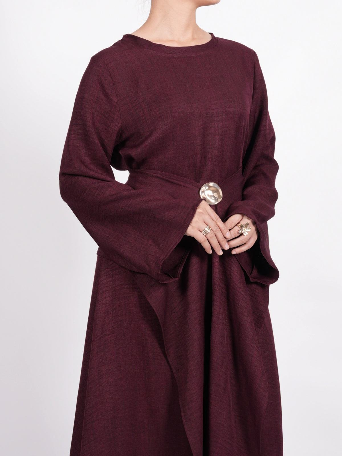 FUMIDAR Zahra Draped Buckle Maxi Dress in Burgundy — view 25