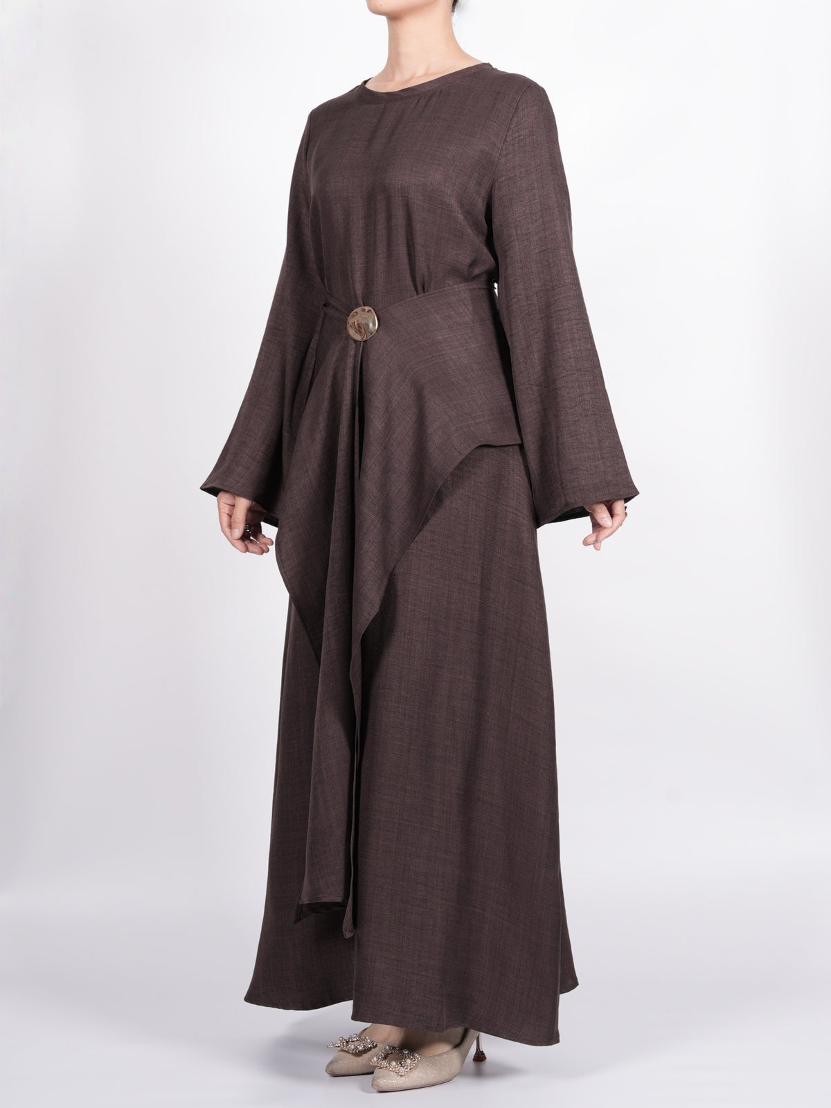 FUMIDAR Zahra Draped Buckle Maxi Dress in Coffee Brown — view 11