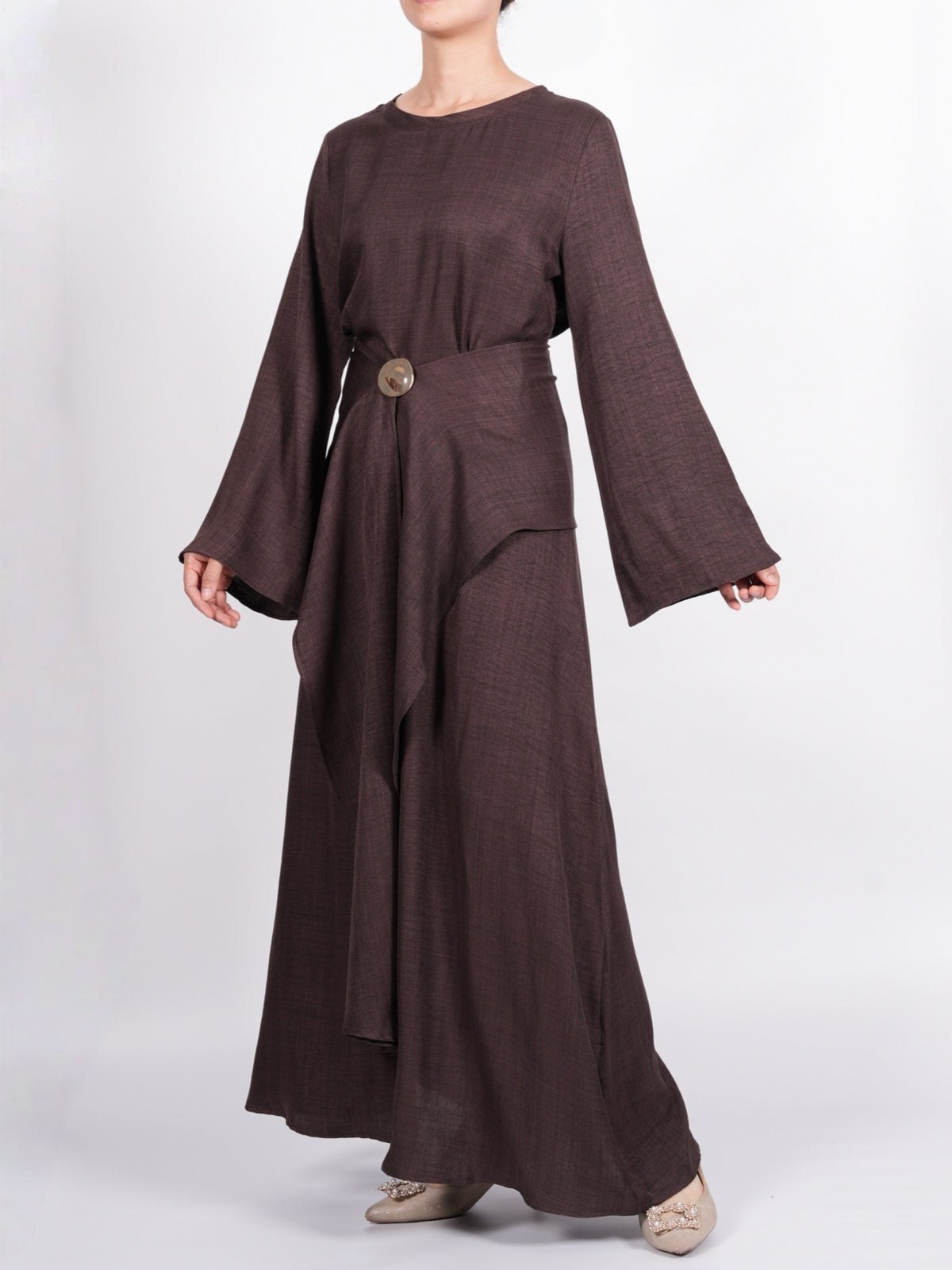 FUMIDAR Zahra Draped Buckle Maxi Dress in Coffee Brown — view 12