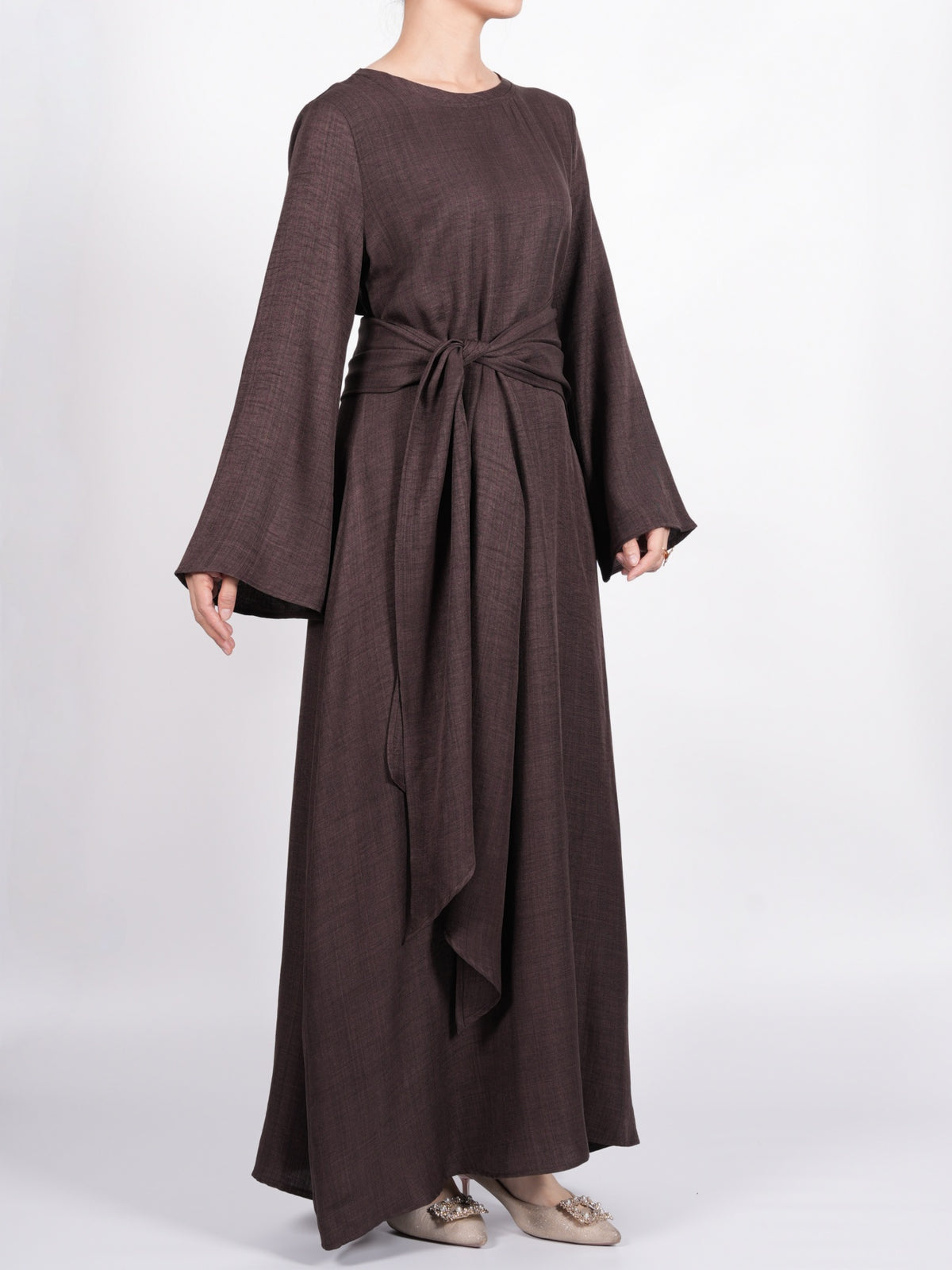 FUMIDAR Zahra Draped Buckle Maxi Dress in Coffee Brown — view 13
