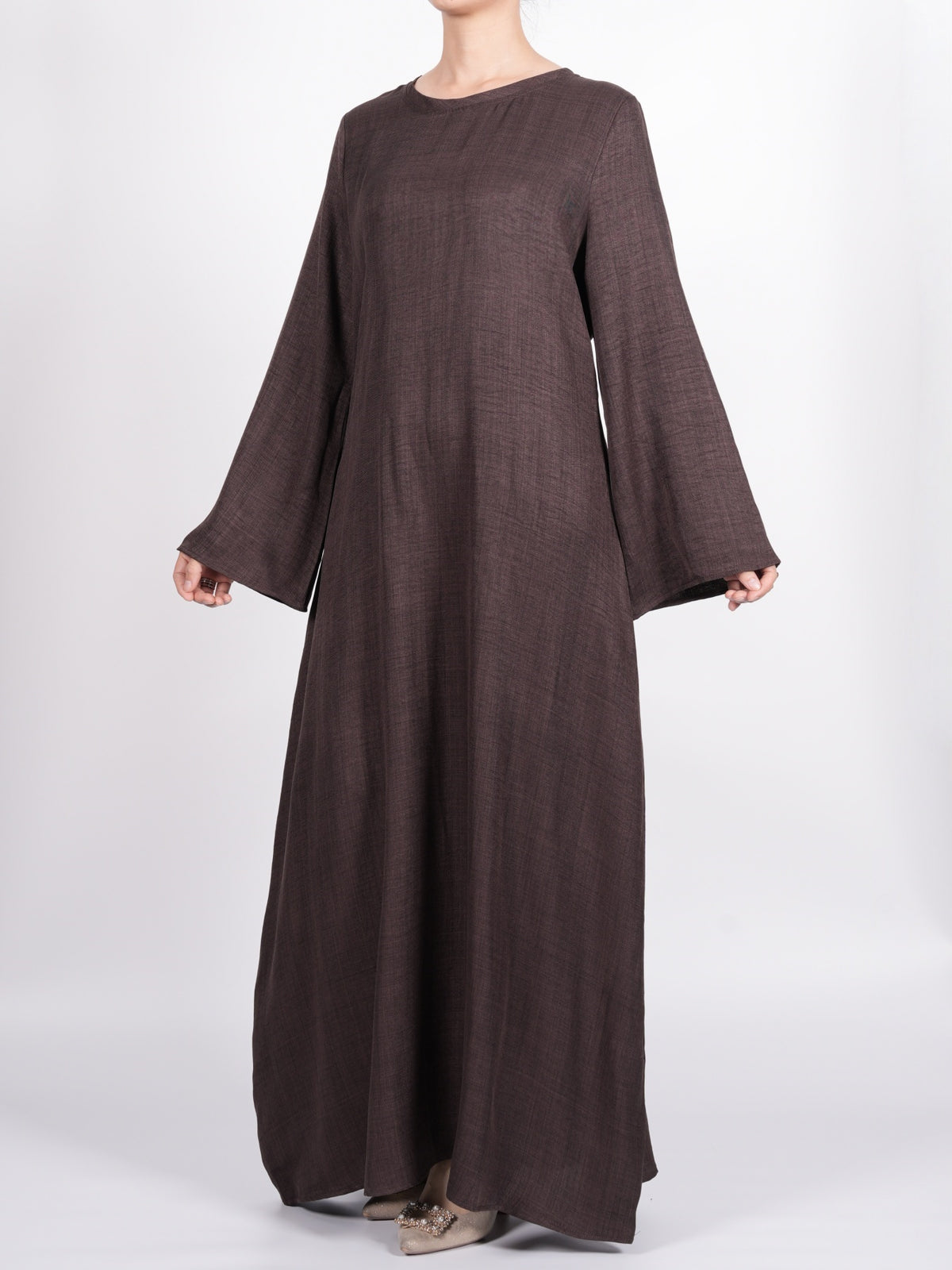 FUMIDAR Zahra Draped Buckle Maxi Dress in Coffee Brown — view 14