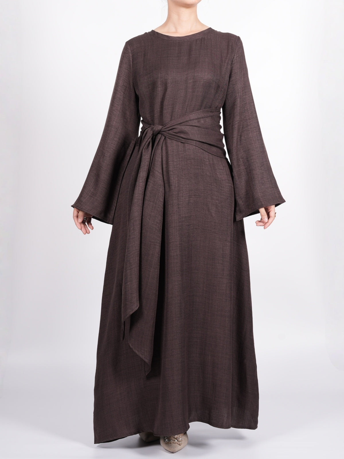 FUMIDAR Zahra Draped Buckle Maxi Dress in Coffee Brown — view 15