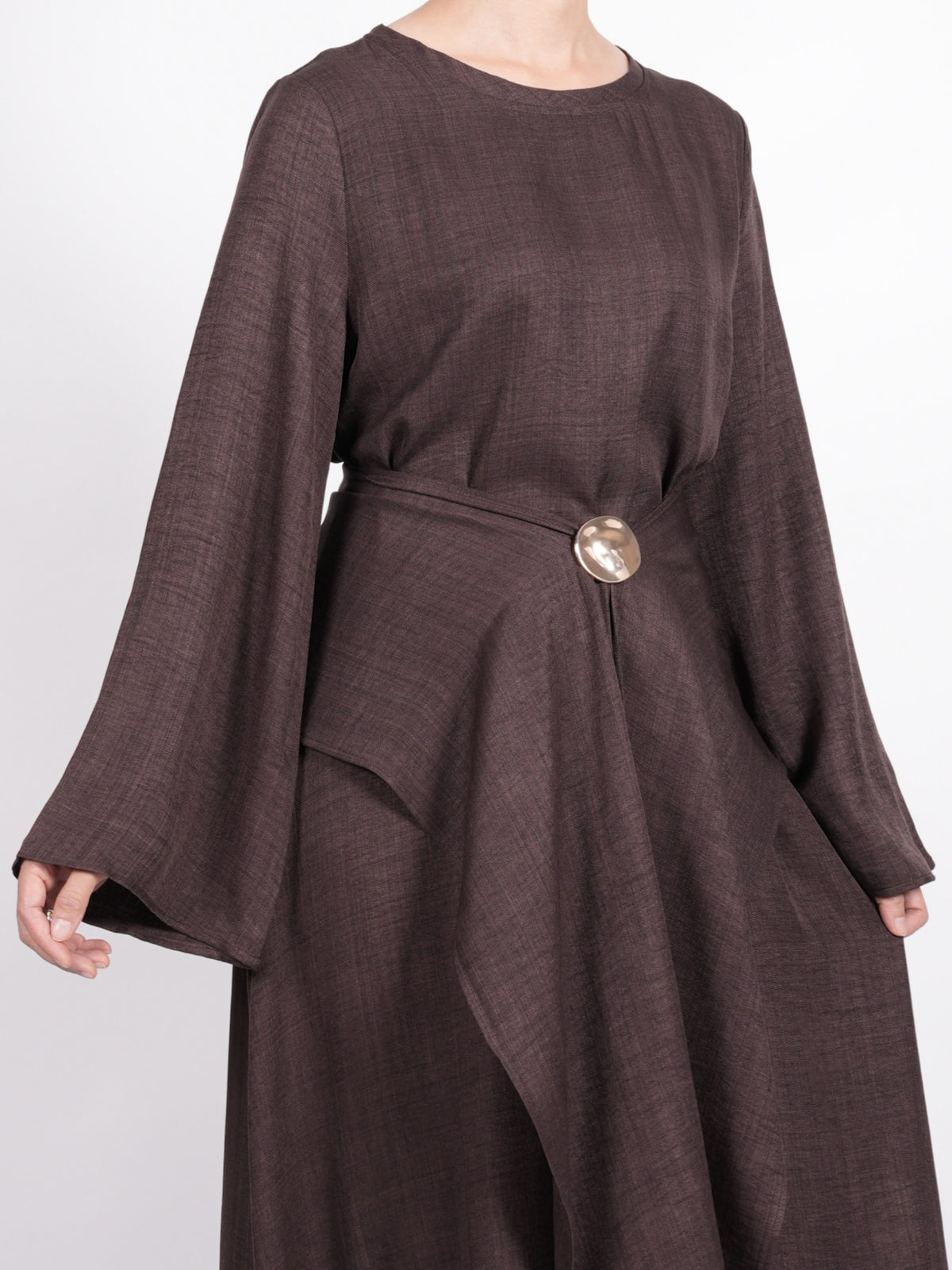 FUMIDAR Zahra Draped Buckle Maxi Dress in Coffee Brown — view 16
