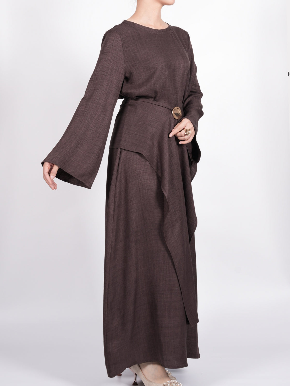 FUMIDAR Zahra Draped Buckle Maxi Dress in Coffee Brown — view 17
