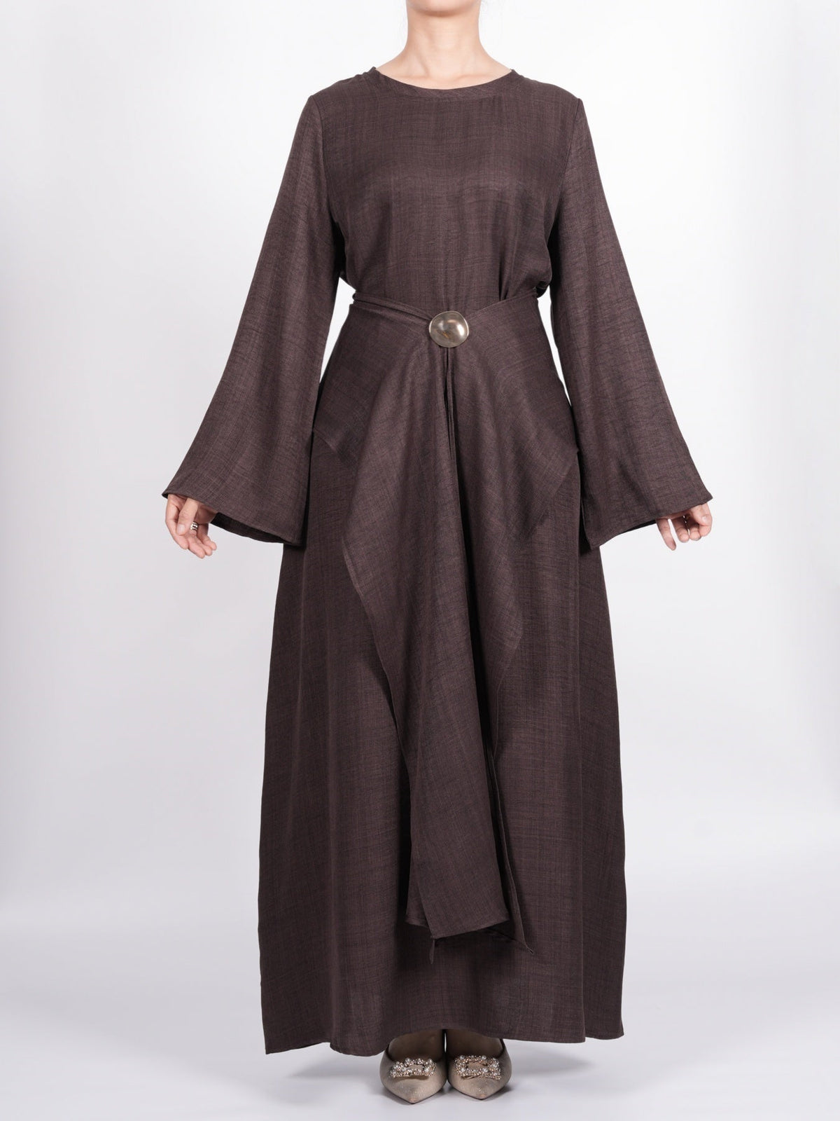 FUMIDAR Zahra draped buckle maxi dress in Coffee Brown