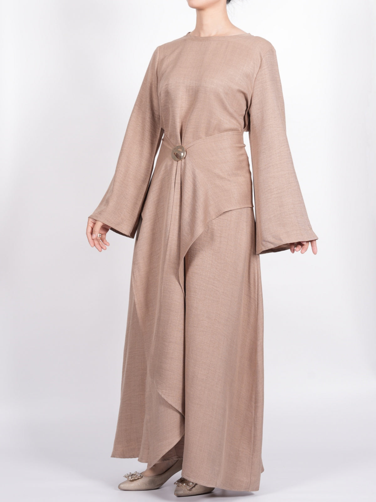 FUMIDAR Zahra Draped Buckle Maxi Dress in Khaki — view 2