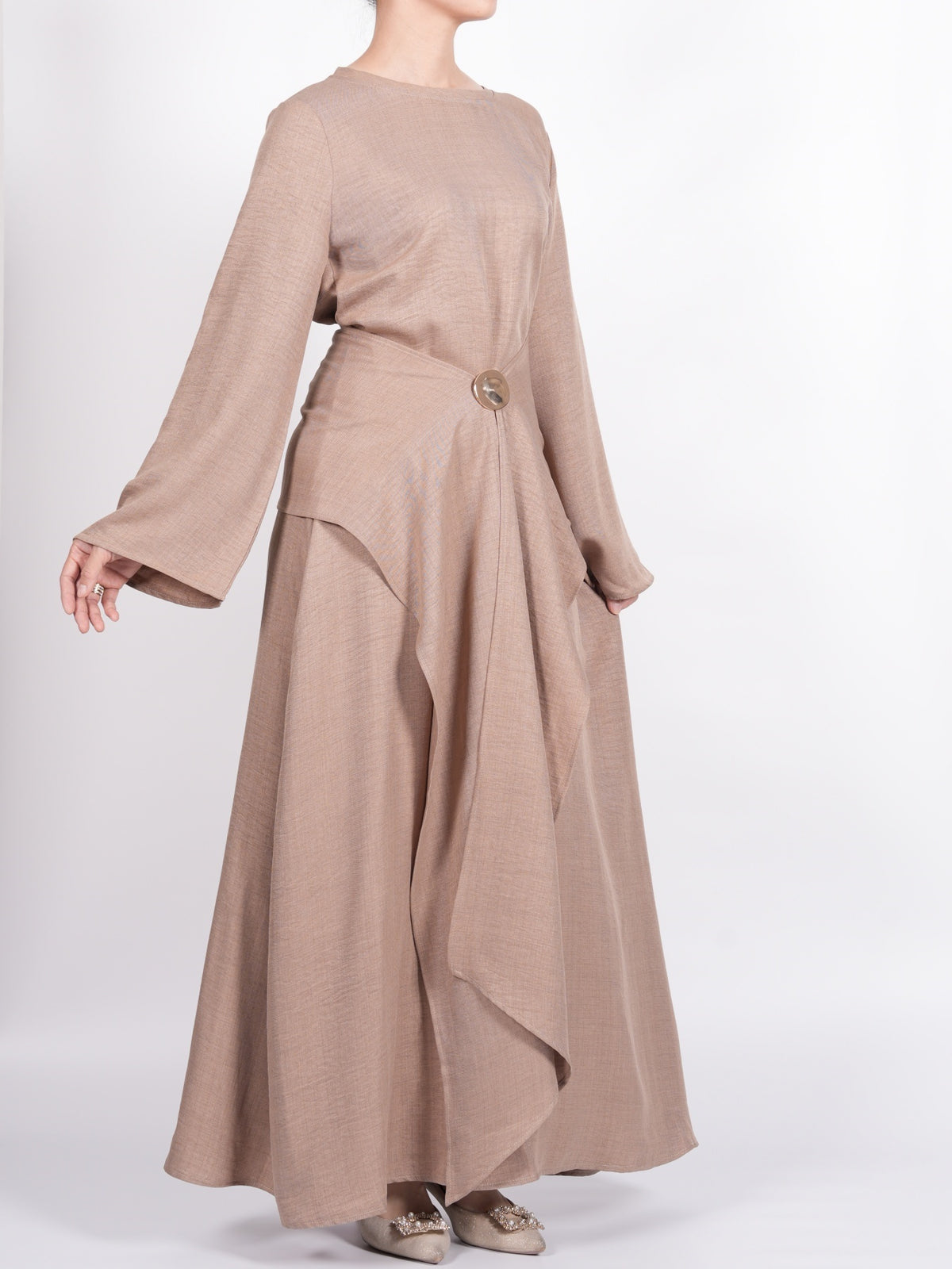 FUMIDAR Zahra Draped Buckle Maxi Dress in Khaki — view 3