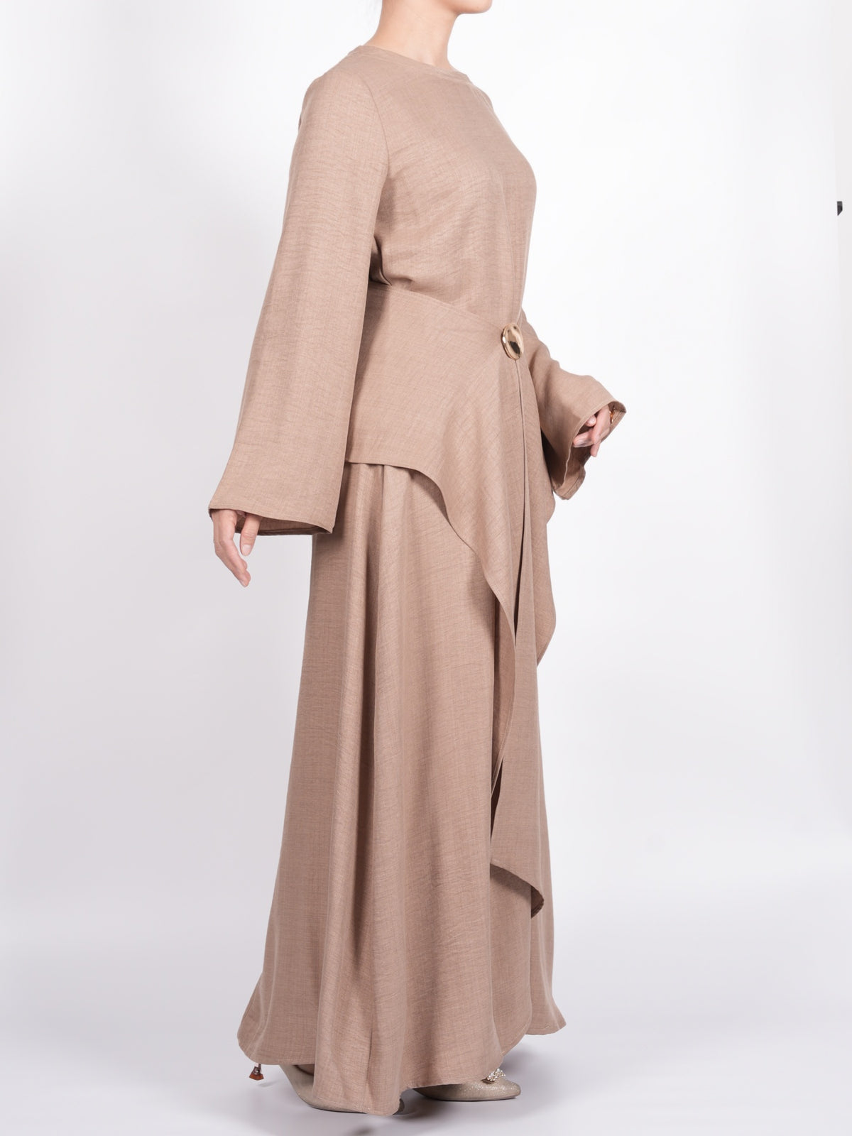 FUMIDAR Zahra Draped Buckle Maxi Dress in Khaki — view 4