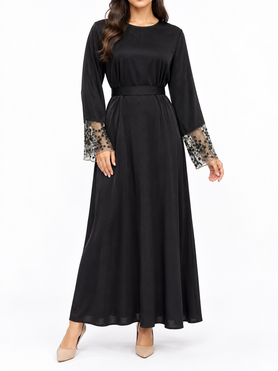FUMIDAR Hana Lace-Cuff Abaya in Black — view 1