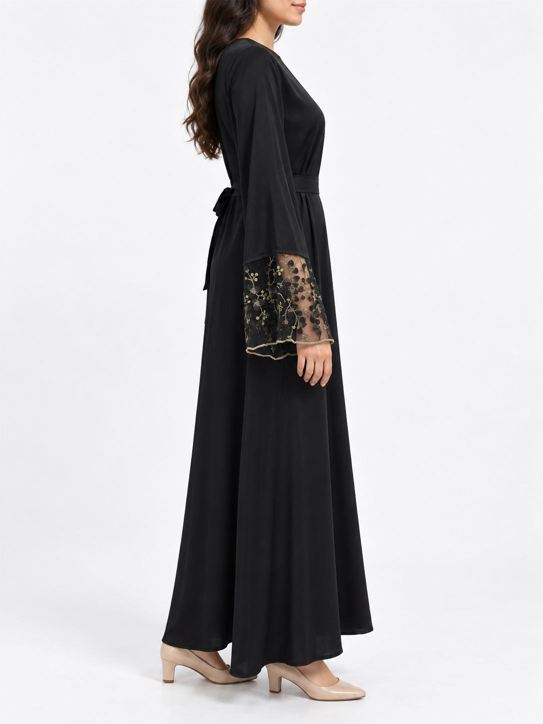FUMIDAR Hana Lace-Cuff Abaya in Black — view 2