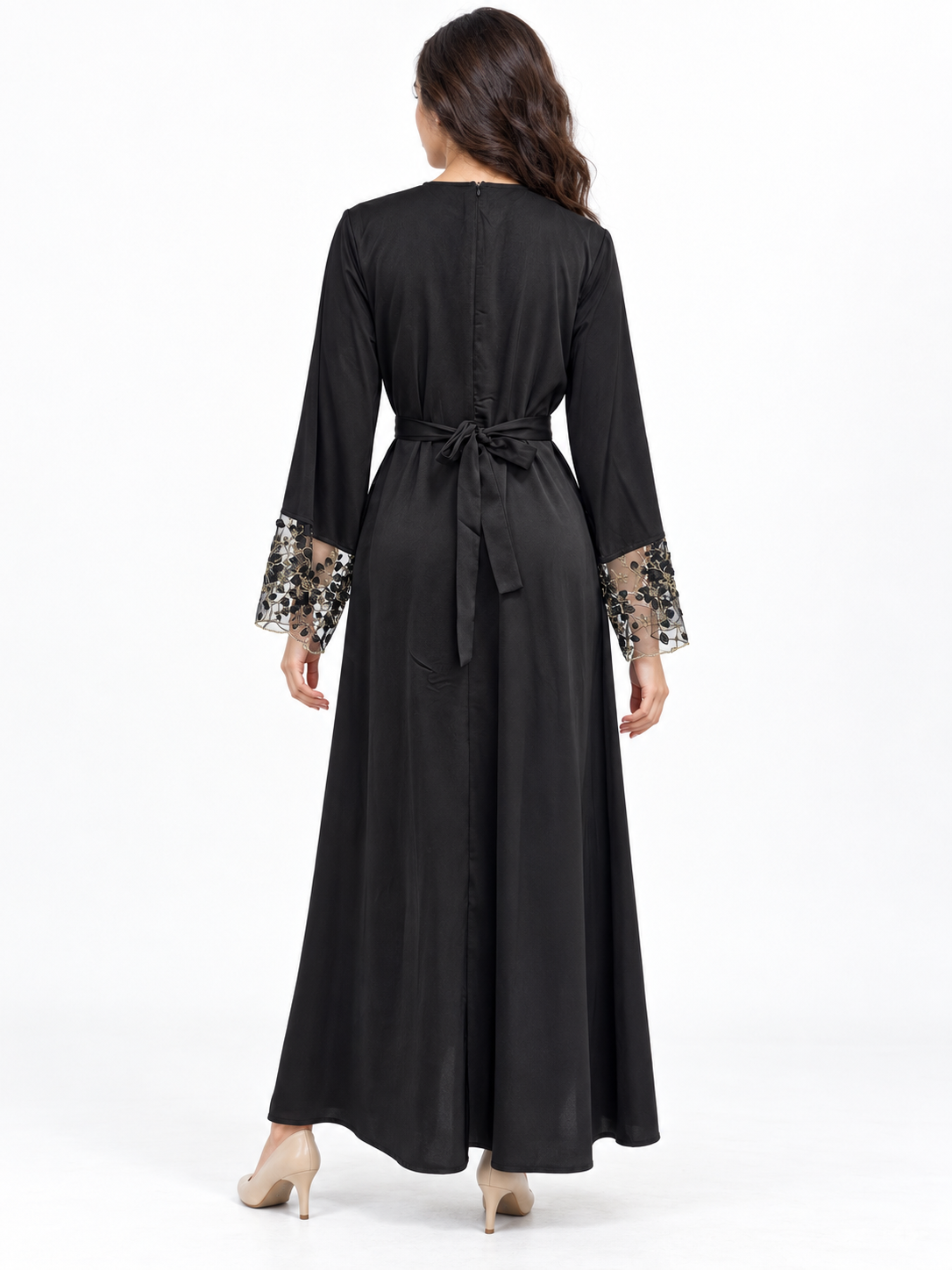 FUMIDAR Hana Lace-Cuff Abaya in Black — view 3