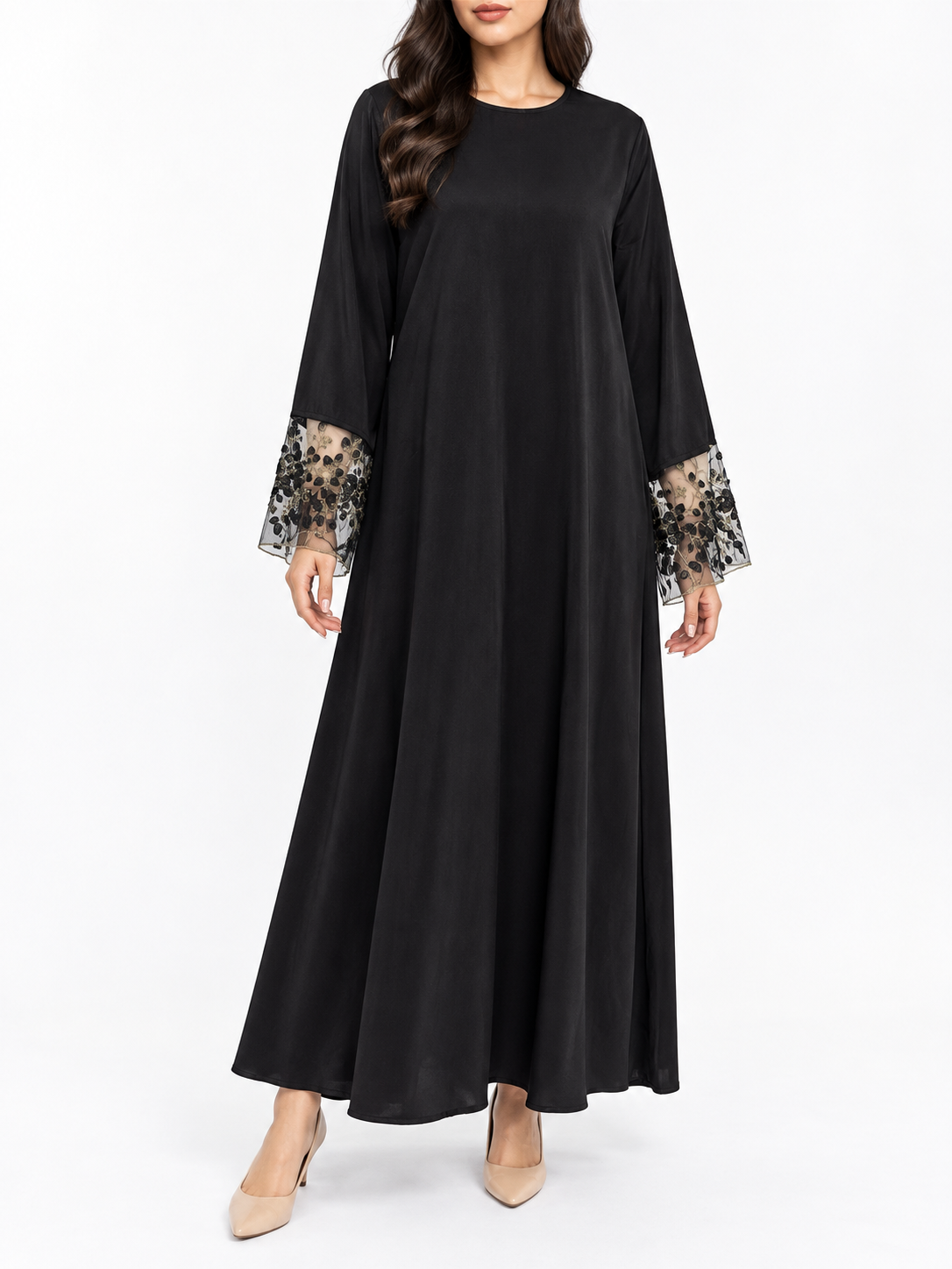 FUMIDAR Hana Lace-Cuff Abaya in Black — view 4